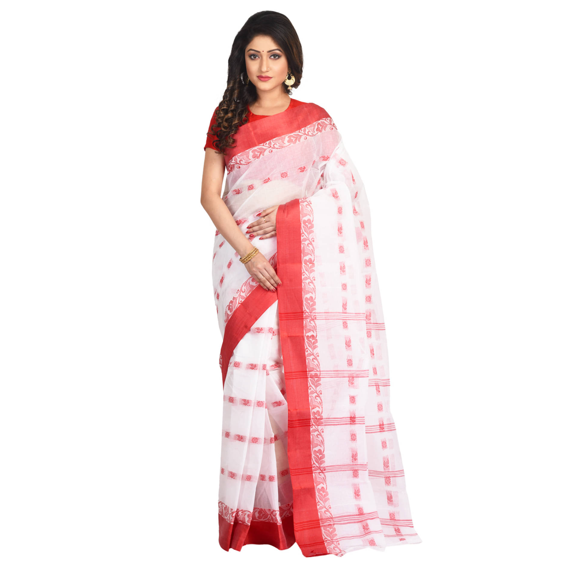 RAJ SAREE HOUSE Cotton Solid Saree Without Blouse Piece ( White,Red )     			RAJ SAREE HOUSE Cotton Solid Saree Without Blouse Piece ( White,Red )