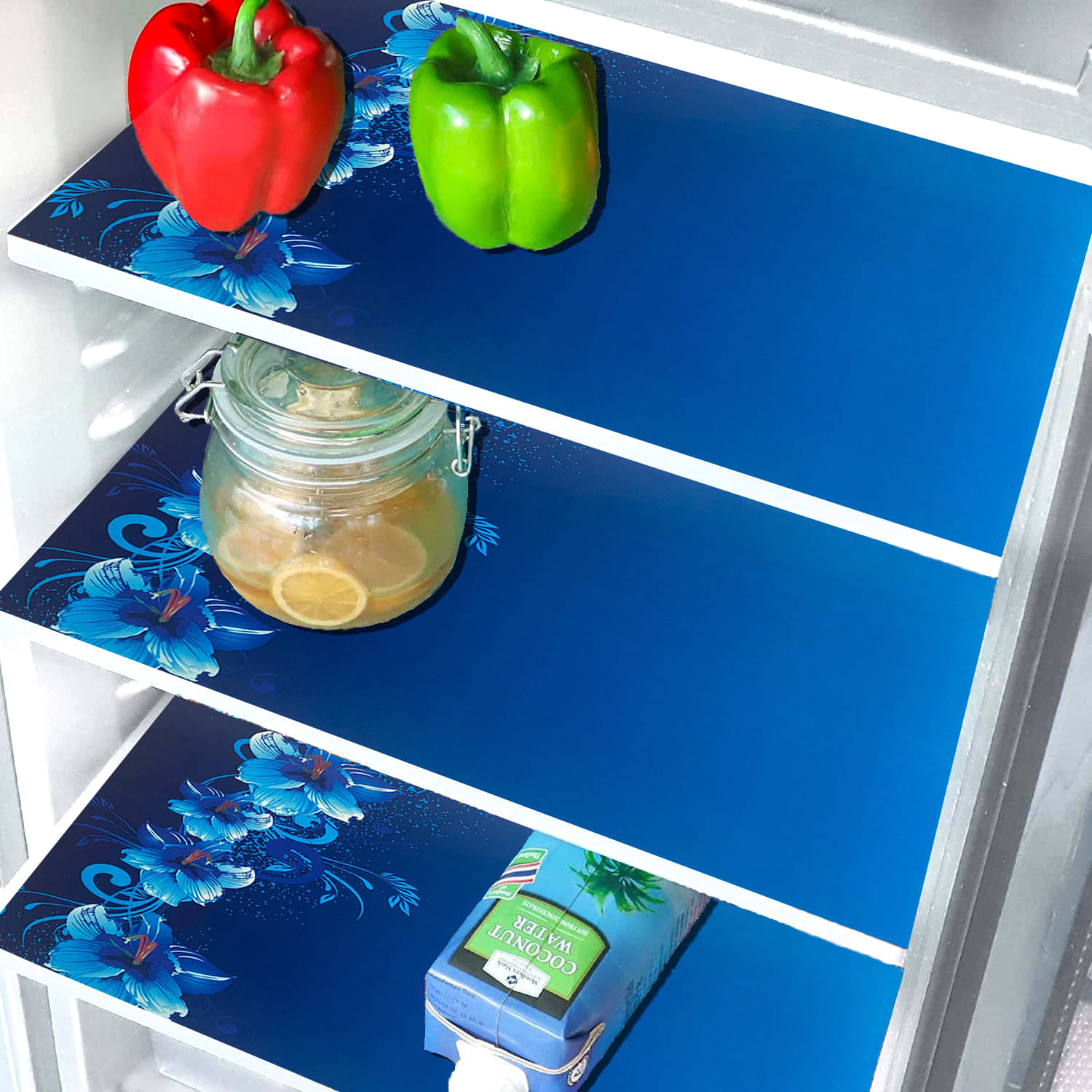 Crosmo PVC Floral Printed Fridge Mats ( 43 28 ) Pack of 3 - Blue     			Crosmo PVC Floral Printed Fridge Mats ( 43 28 ) Pack of 3 - Blue