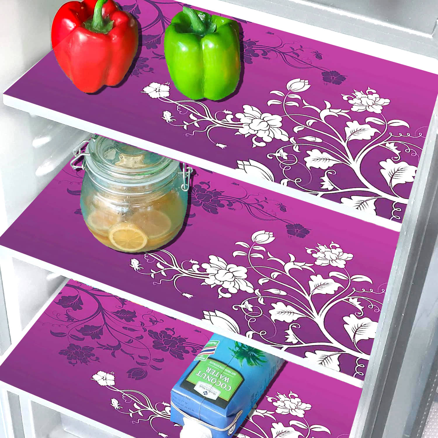 Crosmo PVC Floral Printed Fridge Mats ( 43 28 ) Pack of 3 - Purple