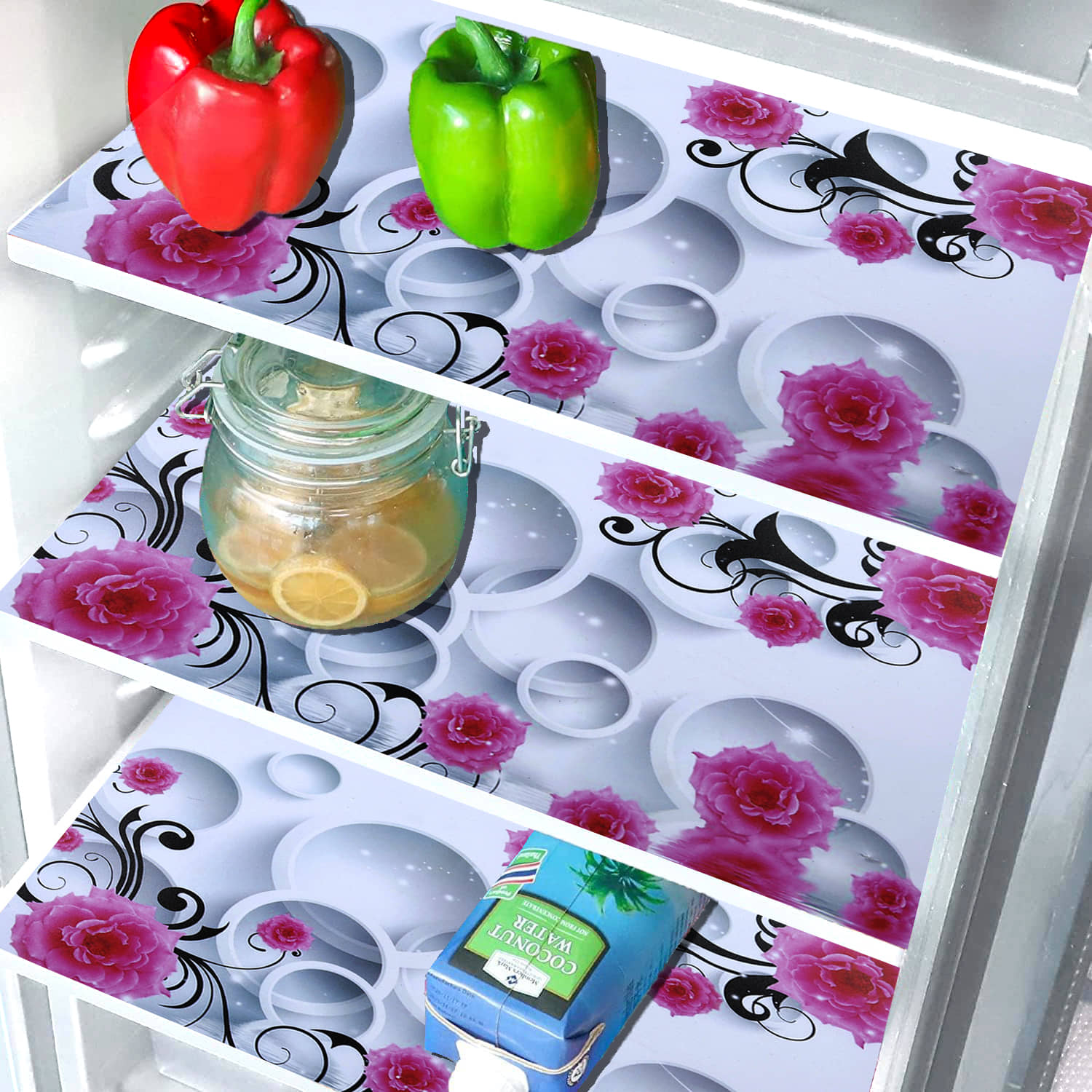 Crosmo PVC Floral Printed Fridge Mats ( 43 28 ) Pack of 3 - White