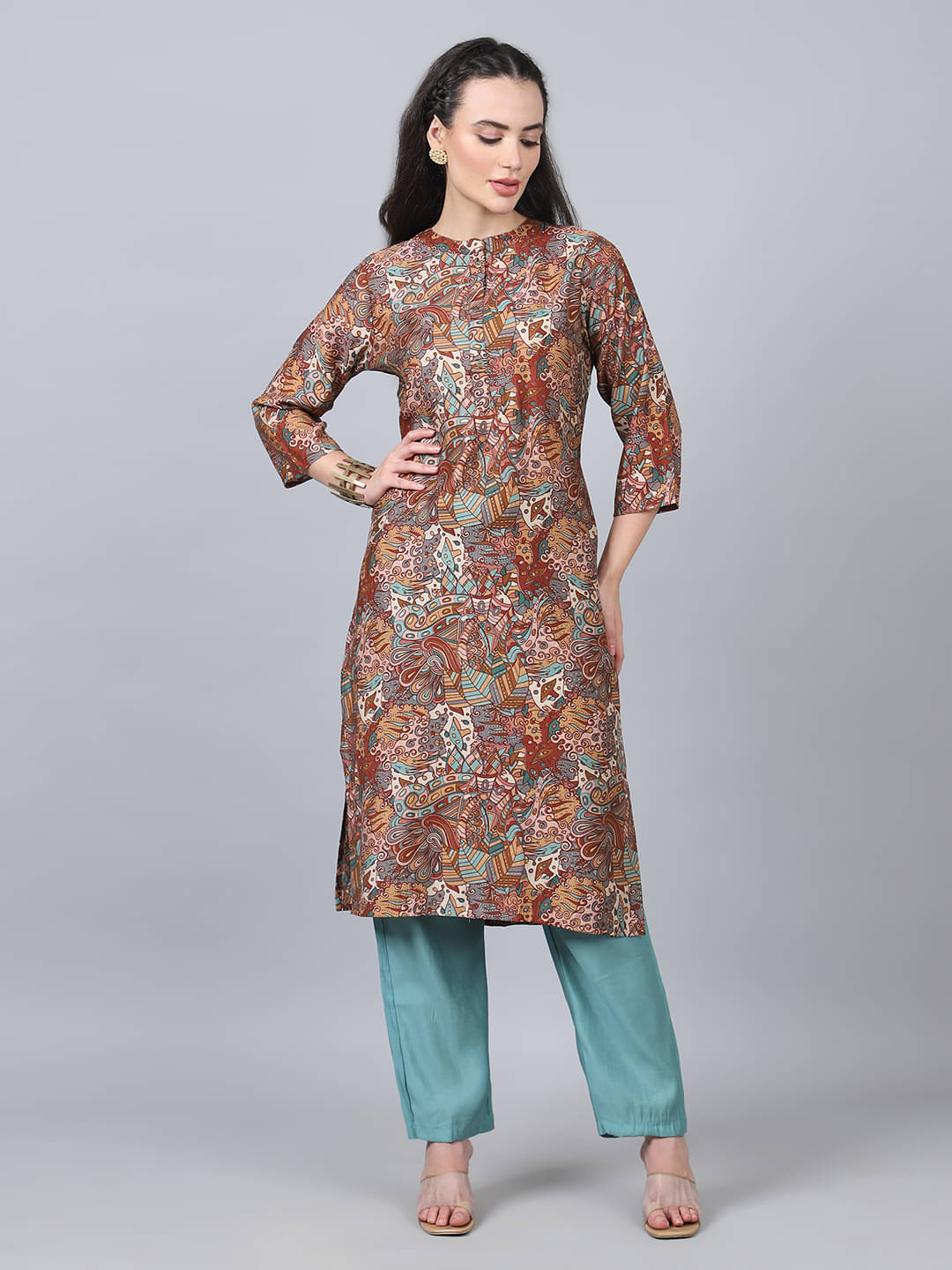     			Flamboyant Chanderi Printed Kurti With Pants Women's Stitched Salwar Suit - Brown ( Pack of 1 )