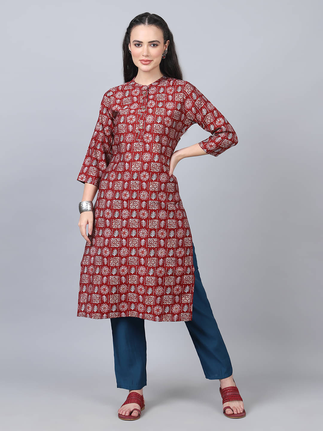     			Flamboyant Chanderi Printed Kurti With Pants Women's Stitched Salwar Suit - Red ( Pack of 1 )