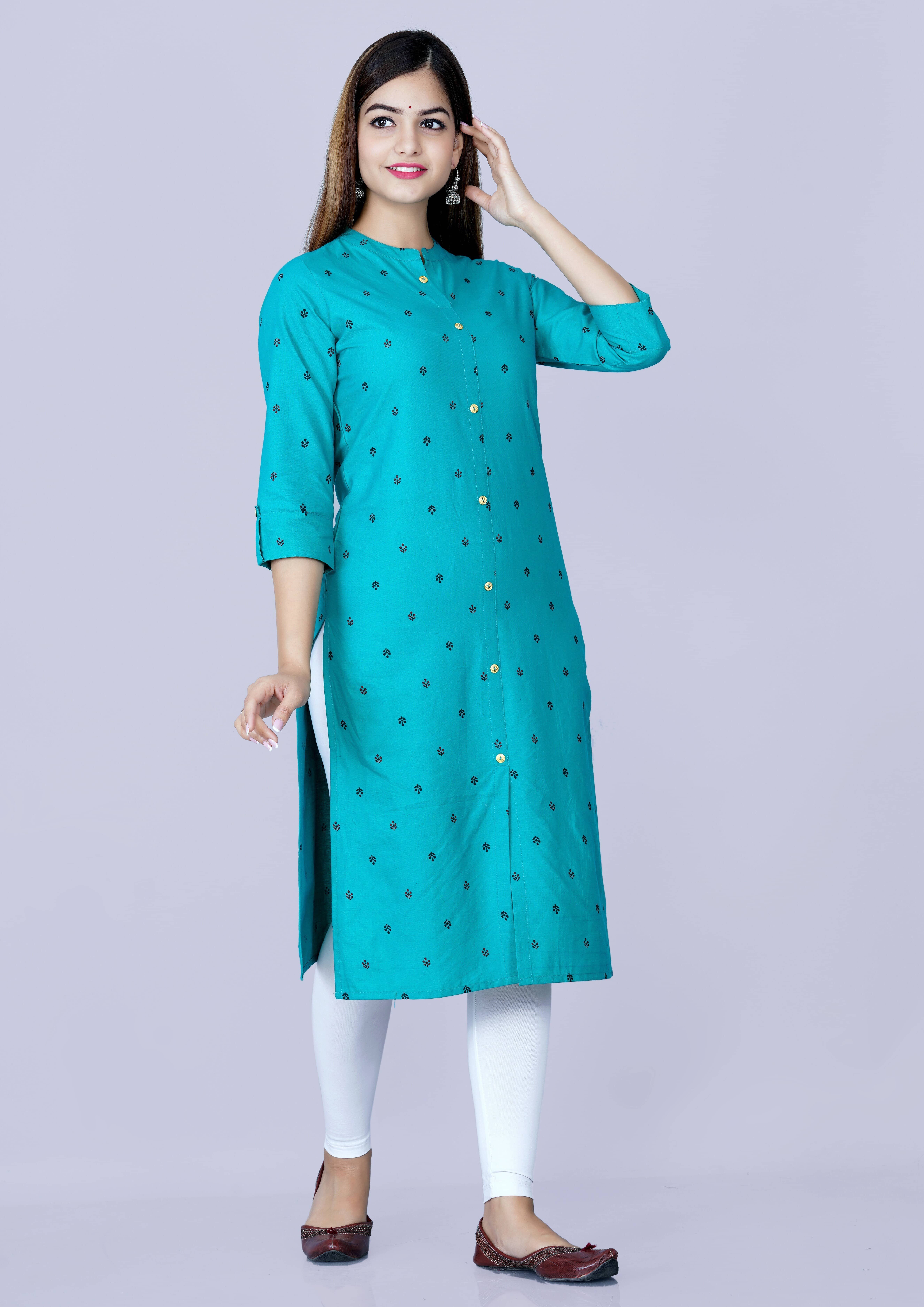 GlowWorld Cotton Printed Front Slit Women's Kurti - Green ( Pack of 1 ) - Kurtis, Tunics | Buy online on ZillyBuy