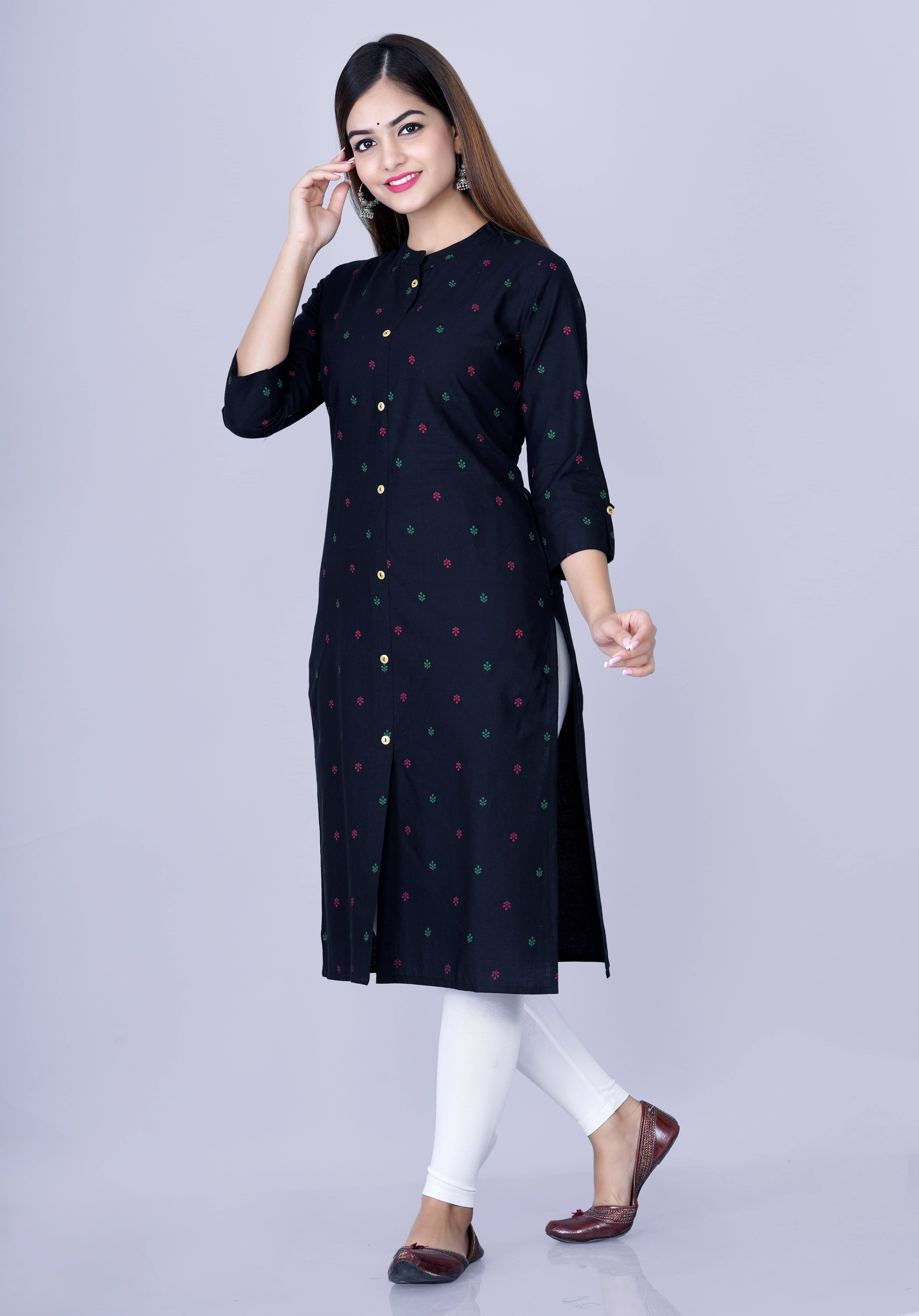 GlowWorld Cotton Printed Front Slit Women's Kurti - Black ( Pack of 1 ) - Kurtis, Tunics | Buy online on ZillyBuy