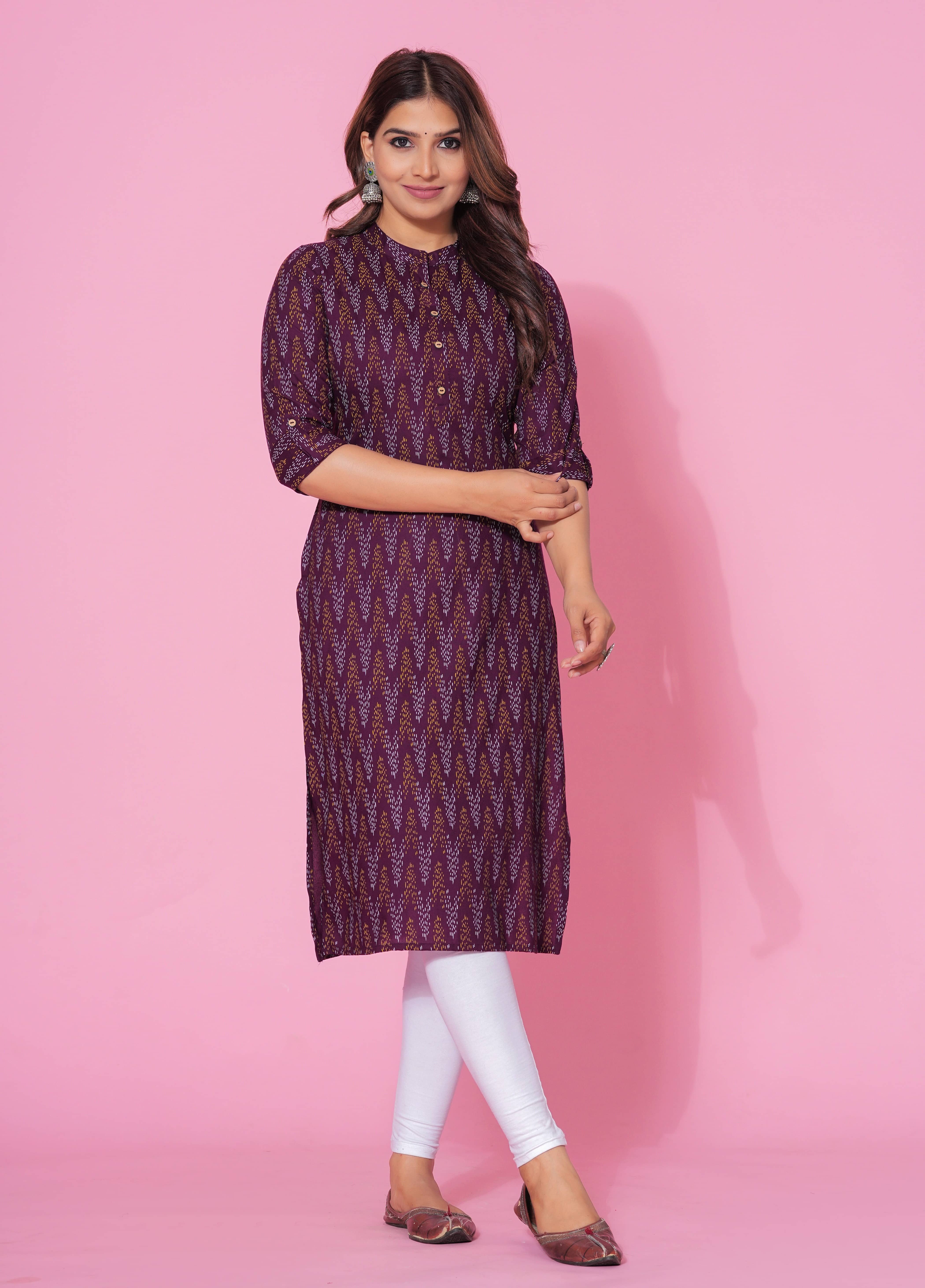GlowWorld Viscose Blend Printed Straight Women's Kurti - Maroon ( Pack of 1 ) - Kurtis, Tunics | Buy online on ZillyBuy