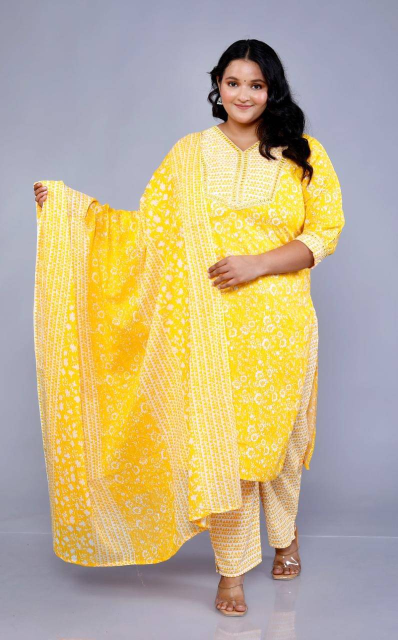 HIGHLIGHT FASHION EXPORT Cotton Blend Printed Kurti With Pants Women's Stitched Salwar Suit - Yellow ( Pack of 1 )     			HIGHLIGHT FASHION EXPORT Cotton Blend Printed Kurti With Pants Women's Stitched Salwar Suit - Yellow ( Pack of 1 )