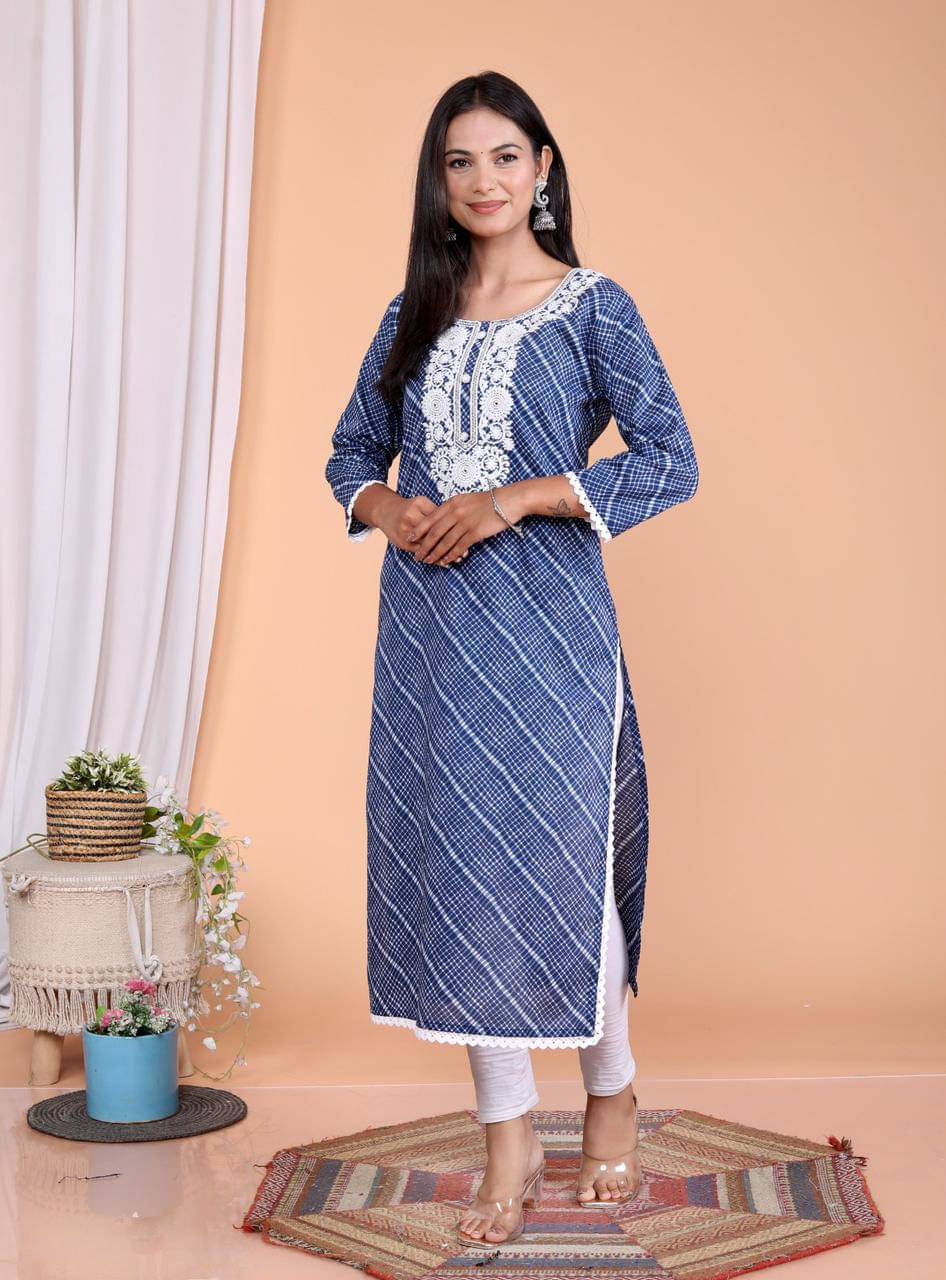 HIGHLIGHT FASHION EXPORT Cotton Embroidered Straight Women's Kurti - Blue ( Pack of 1 )     			HIGHLIGHT FASHION EXPORT Cotton Embroidered Straight Women's Kurti - Blue ( Pack of 1 )