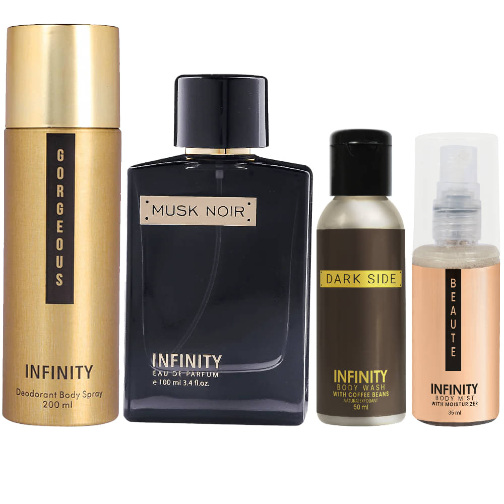     			Infinity Musk Noir Perfume, Gorgeous Deodorant, Dark Side Body Wash & Beaute Body Mist Long Lasting Pack of 4