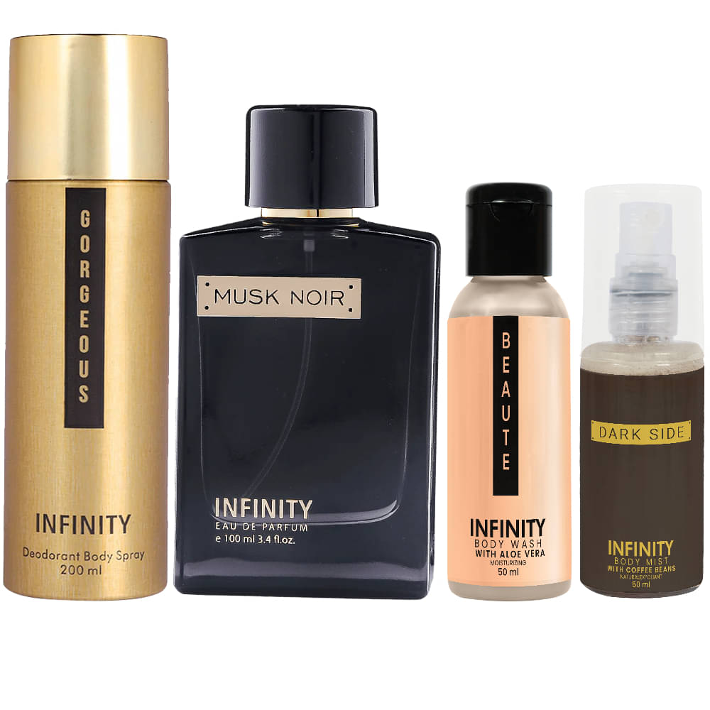     			Infinity Musk Noir Perfume, Gorgeous Deodorant, Beaute Body Wash & Dark Side Body Mist Long Lasting Pack of 4