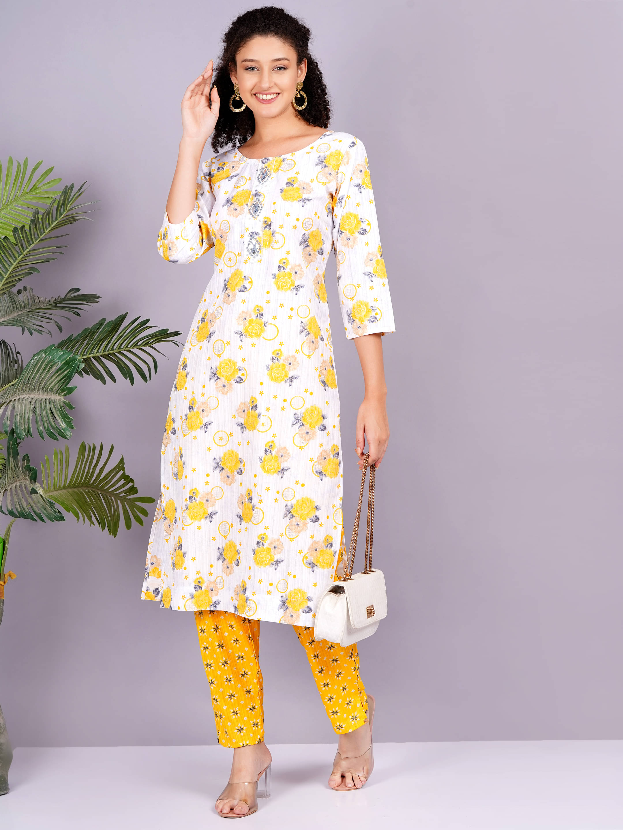 JC4U Rayon Printed Kurti With Pants Women's Stitched Salwar Suit - Yellow ( Pack of 1 )     			JC4U Rayon Printed Kurti With Pants Women's Stitched Salwar Suit - Yellow ( Pack of 1 )