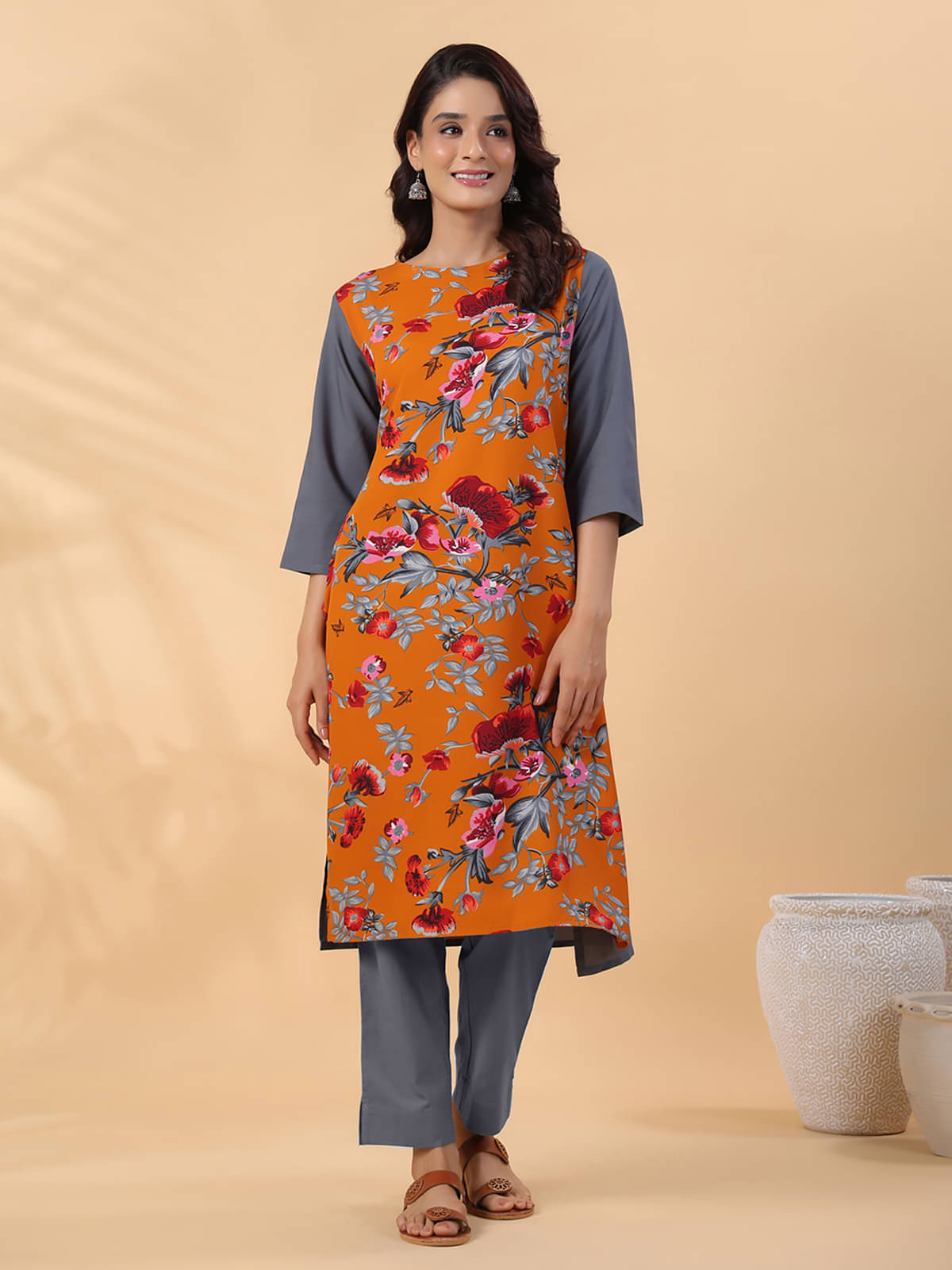 Janasya Crepe Printed Straight Women's Kurti - Orange ( Pack of 1 ) Janasya Crepe Printed Straight Women's Kurti - Orange ( Pack of 1 )