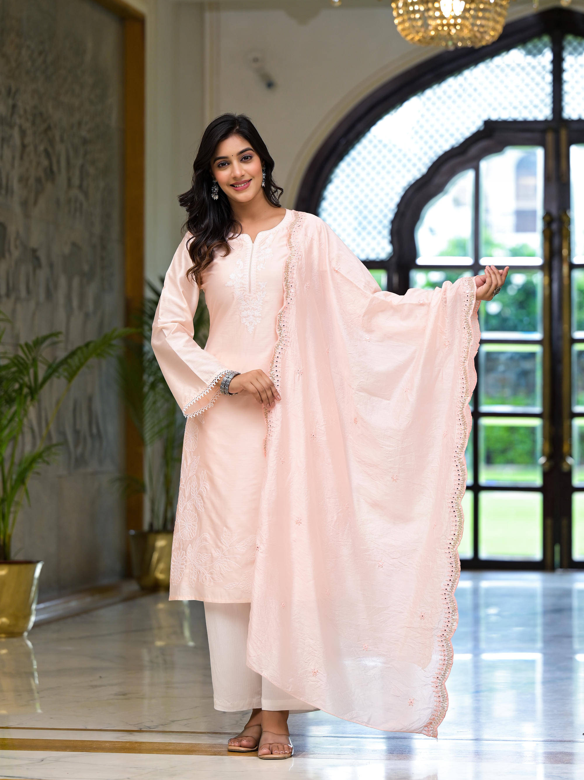 Juniper Chanderi Embroidered Kurti With Palazzo Women's Stitched Salwar Suit - Pink ( Pack of 1 ) Juniper Chanderi Embroidered Kurti With Palazzo Women's Stitched Salwar Suit - Pink ( Pack of 1 )