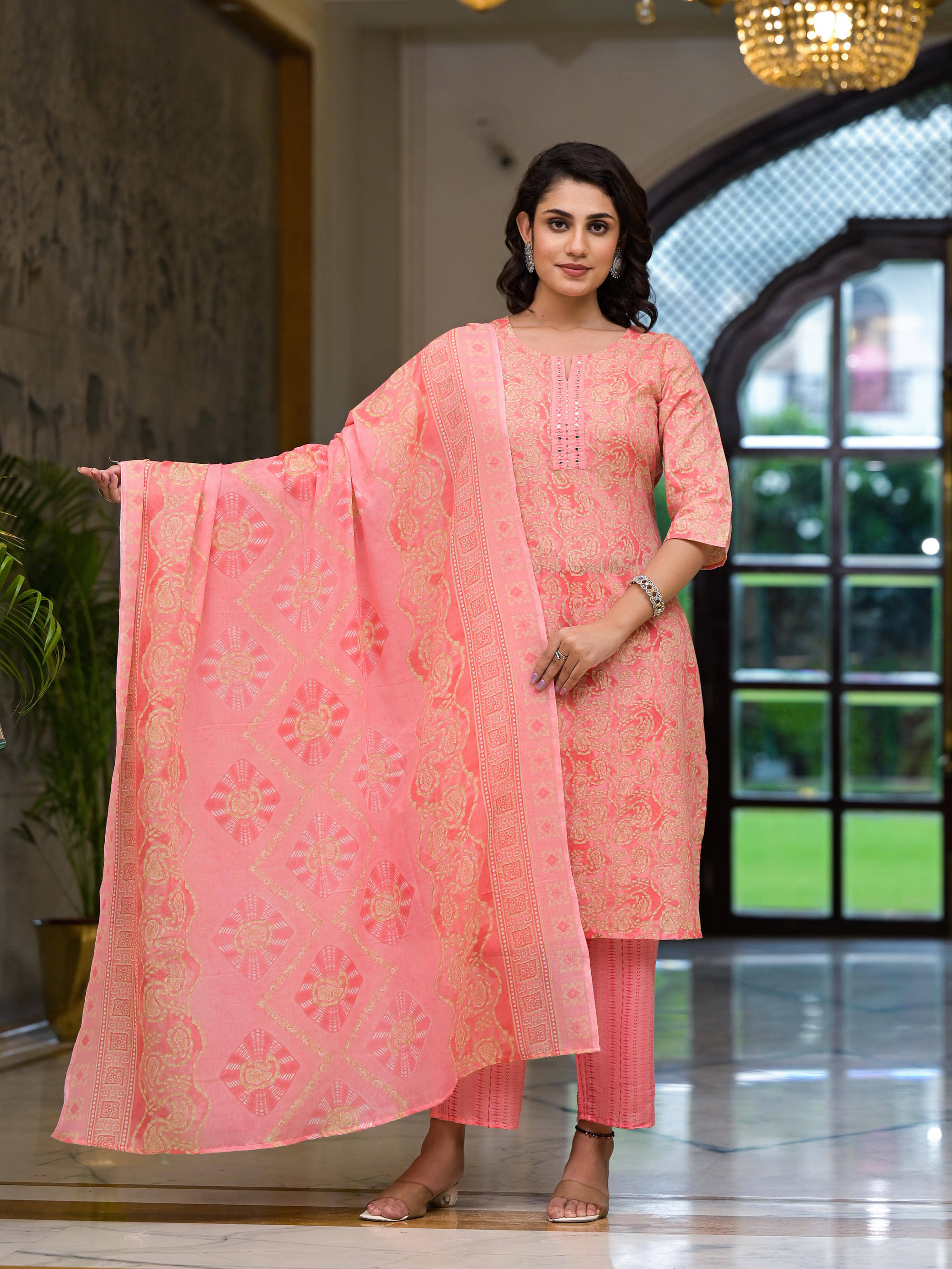     			Juniper Cotton Blend Printed Kurti With Pants Women's Stitched Salwar Suit - Pink ( Pack of 1 )