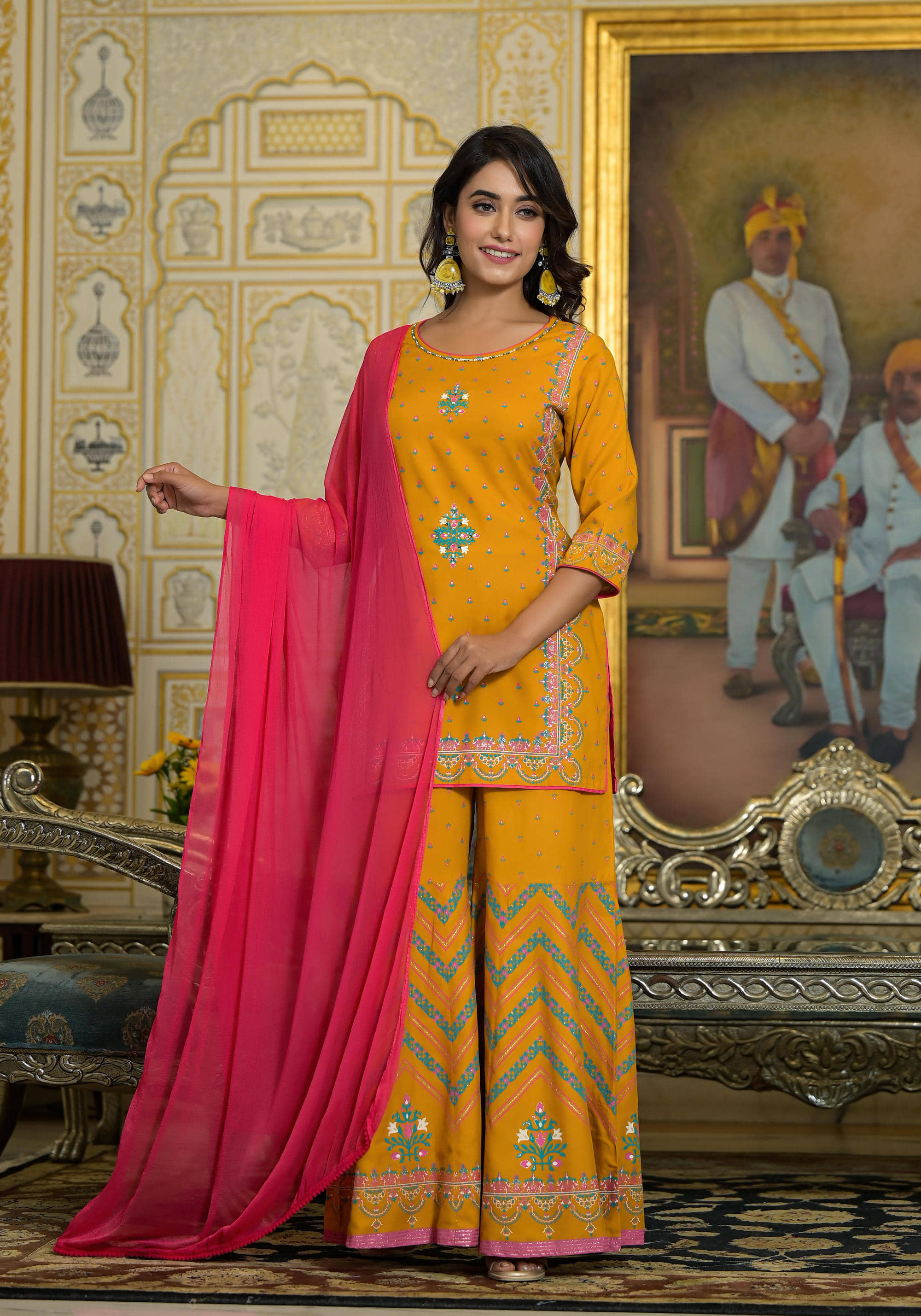 Juniper Rayon Printed Kurti With Sharara And Gharara Women's Stitched Salwar Suit - Mustard ( Pack of 1 )