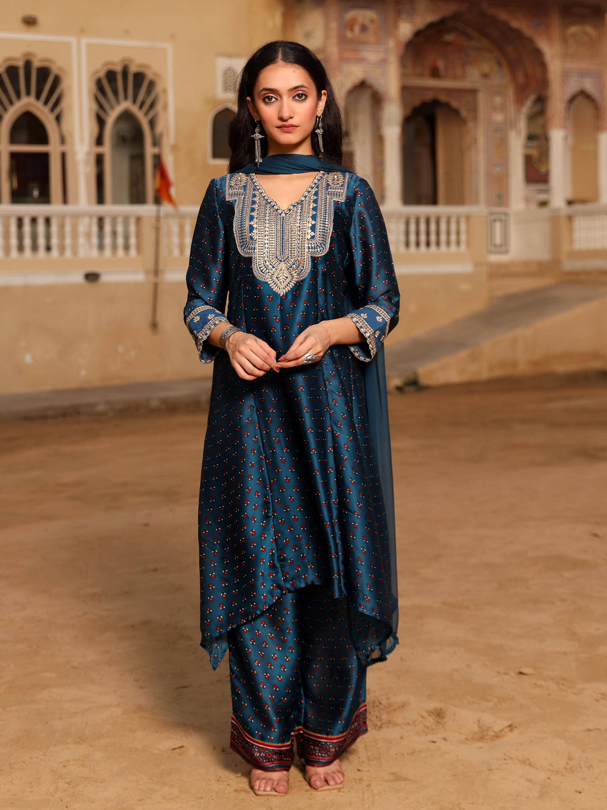     			Juniper Satin Printed Kurti With Palazzo Women's Stitched Salwar Suit - Blue ( Pack of 1 )