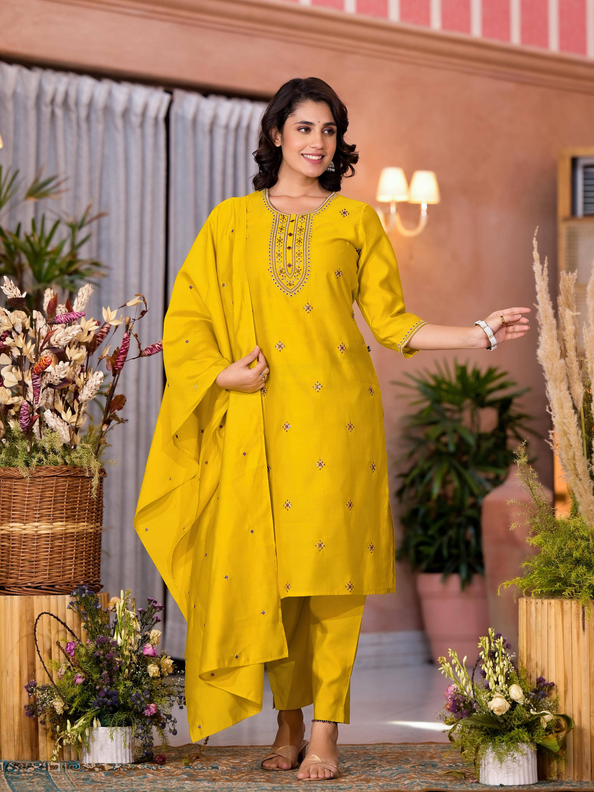 Juniper Viscose Embroidered Kurti With Pants Women's Stitched Salwar Suit - Yellow ( Pack of 1 ) Juniper Viscose Embroidered Kurti With Pants Women's Stitched Salwar Suit - Yellow ( Pack of 1 )