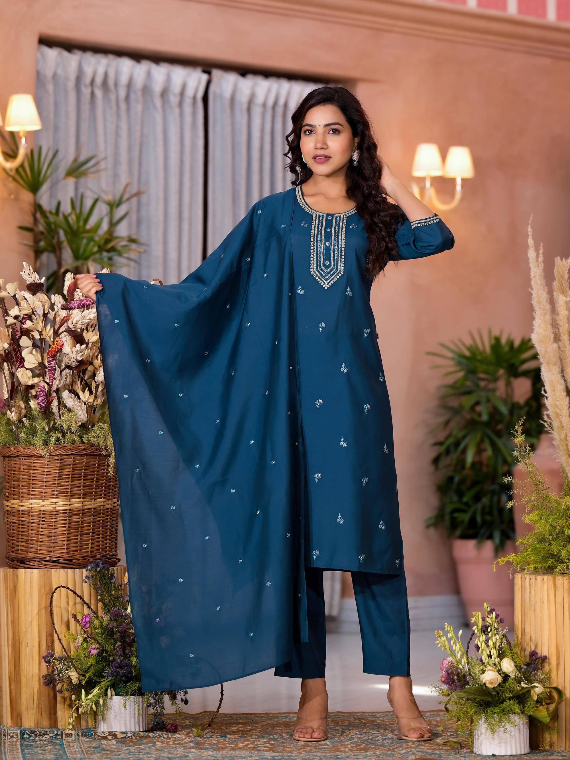     			Juniper Viscose Embroidered Kurti With Pants Women's Stitched Salwar Suit - Teal ( Pack of 1 )