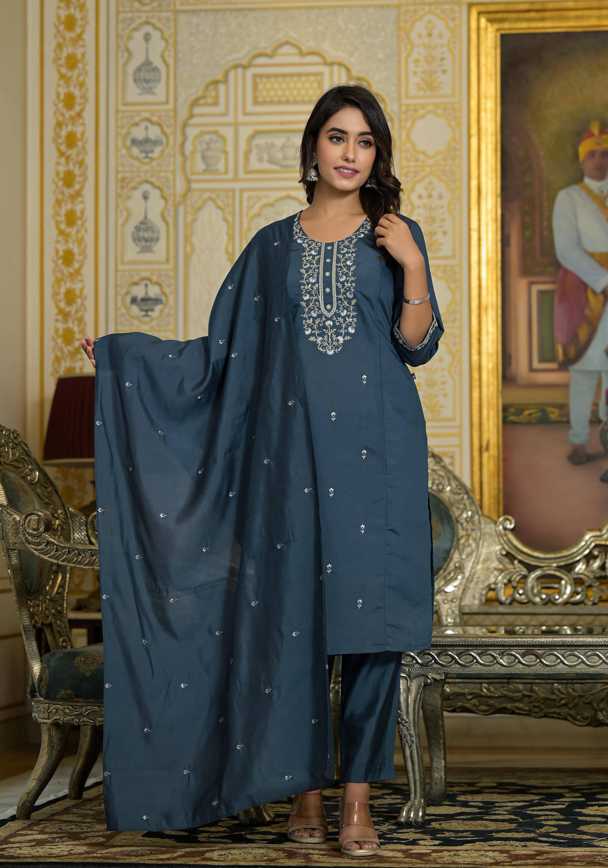     			Juniper Viscose Embroidered Kurti With Pants Women's Stitched Salwar Suit - Grey ( Pack of 1 )