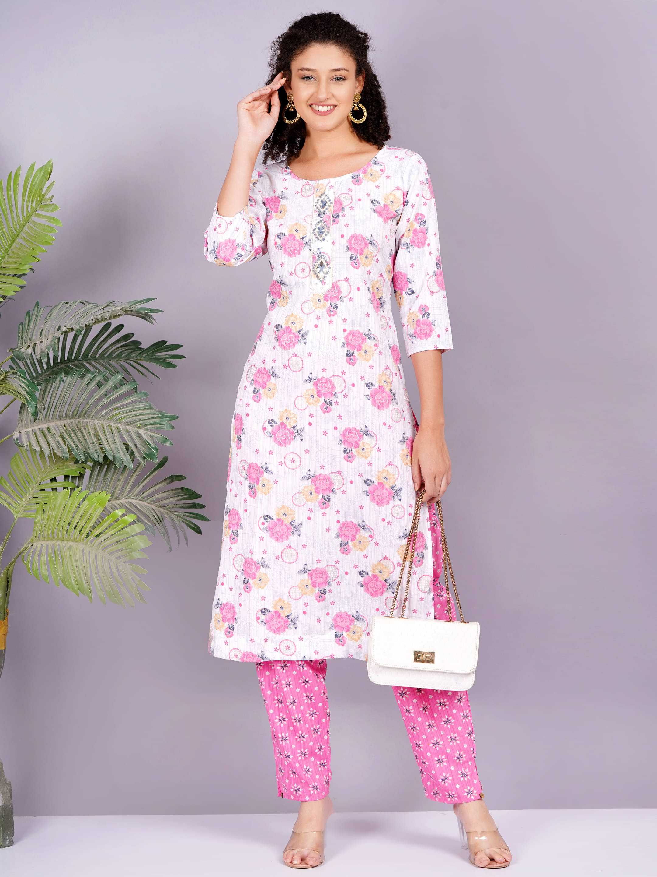     			Jyoti Rayon Printed Kurti With Pants Women's Stitched Salwar Suit - Pink ( Pack of 1 )