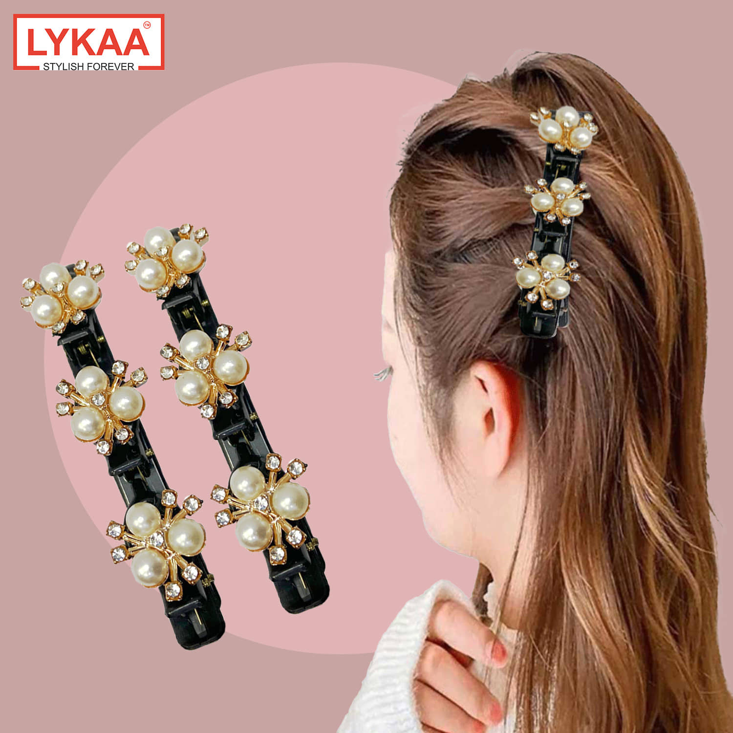 Lykaa Stylish Pearl and Rhinestone Medium Size Hair Clips Butterfly Braid Duckbill Clips - Pack of 2 - Jewellery Sets | Buy online on ZillyBuy