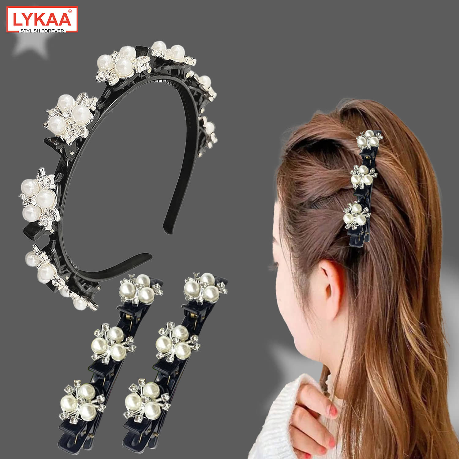 Lykaa Hairpin Headband With Pearl Hair Clips Elegant Flower Alligator Clips Double Layer - Pack of 3 - Jewellery Sets | Buy online on ZillyBuy
