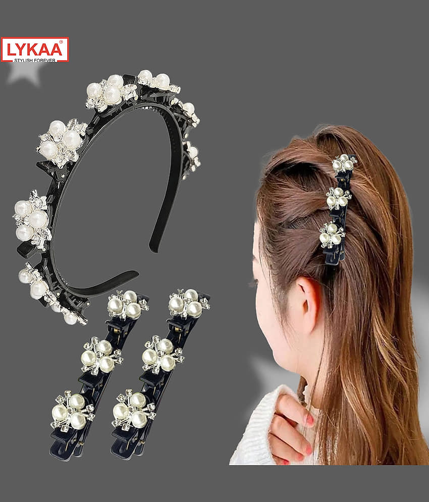 Lykaa Hairpin Headband With Pearl Hair Clips Elegant Flower Alligator Clips Double Layer - Pack of 3 - Jewellery Sets | Buy online on ZillyBuy