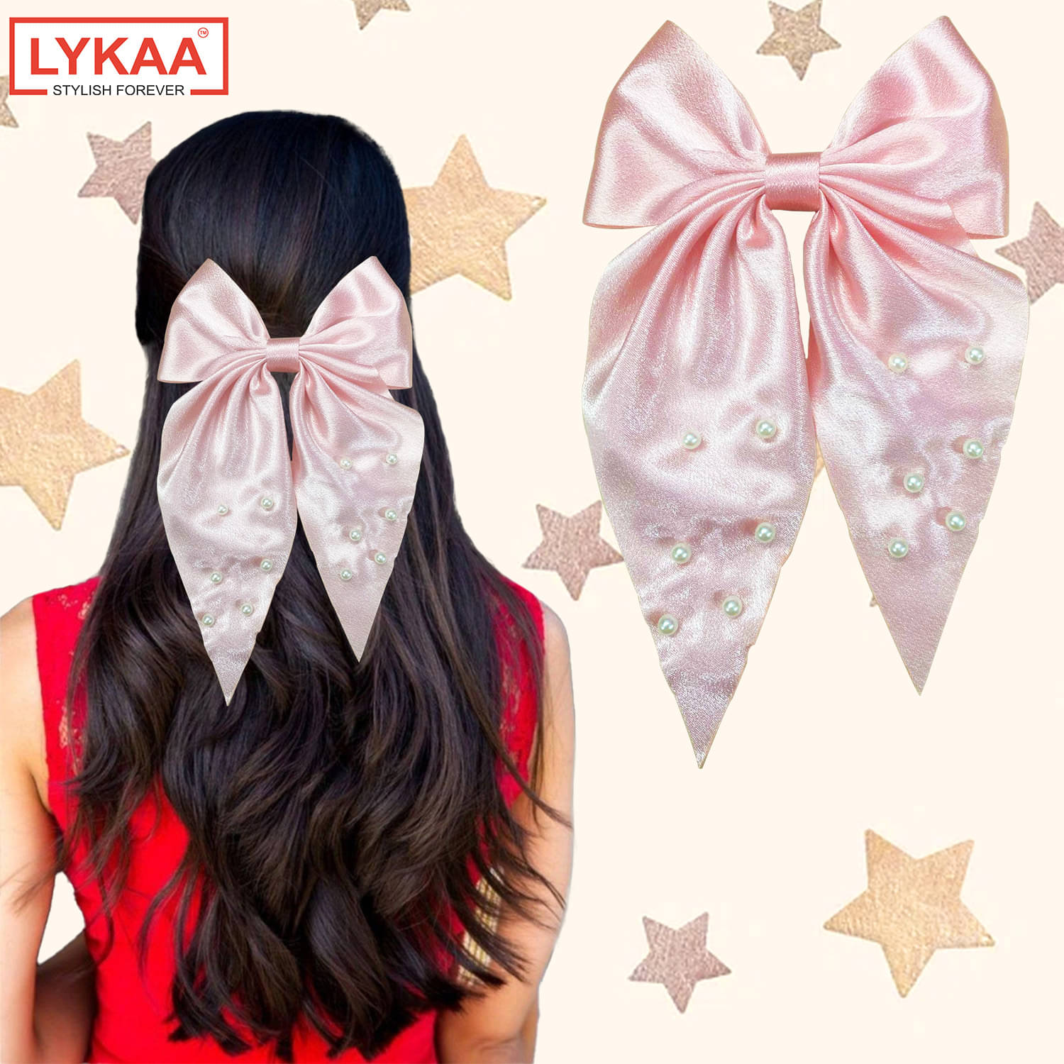     			Lykaa Large Satin Hair Bow with Pearls Longtail Clips Hair Accessories for Women -1 Pcs (Multicolor)