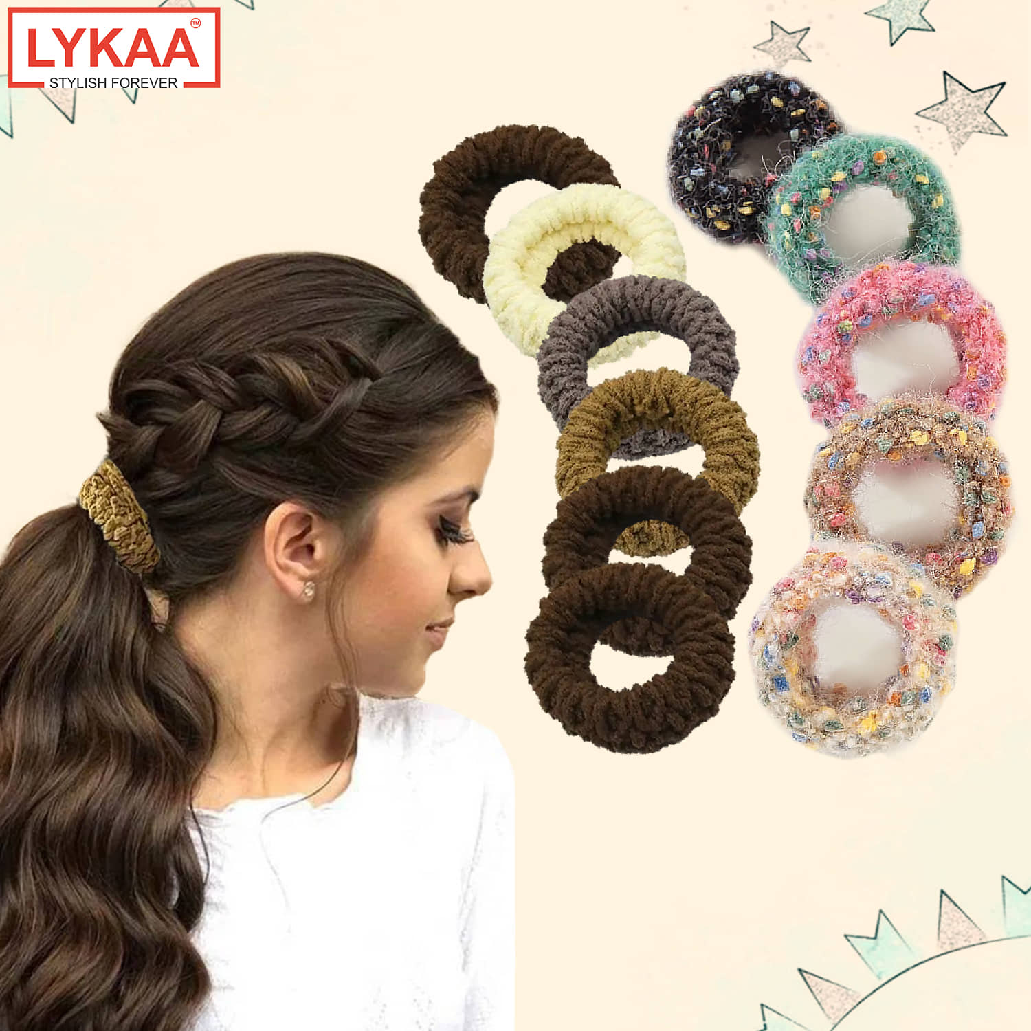 Lykaa Multi designs Cotton Stretchable hair rubber band ponytail holder for women - Pack of 11 - Jewellery Sets | Buy online on ZillyBuy