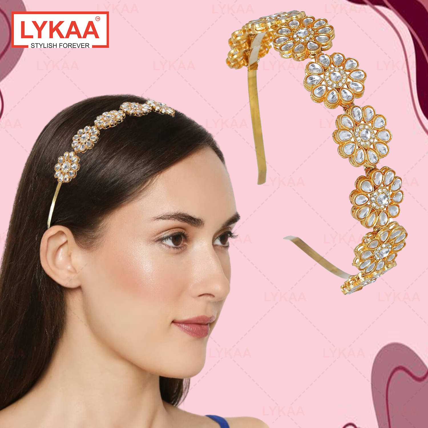     			Lykaa Kundan Hairband Floral Design MathaPatti Gold-Plated Hair Band For Women - 1 Pack (Golden)