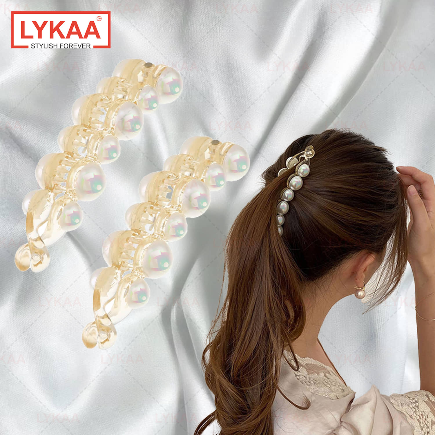 Lykaa Stylish White Pearl Banana Clips Ponytail Holder Hair Clutchers For Women & Girls - 2 Pcs - Jewellery Sets | Buy online on ZillyBuy