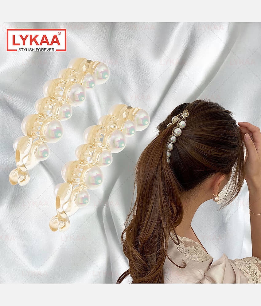 Lykaa Stylish White Pearl Banana Clips Ponytail Holder Hair Clutchers For Women & Girls - 2 Pcs - Jewellery Sets | Buy online on ZillyBuy