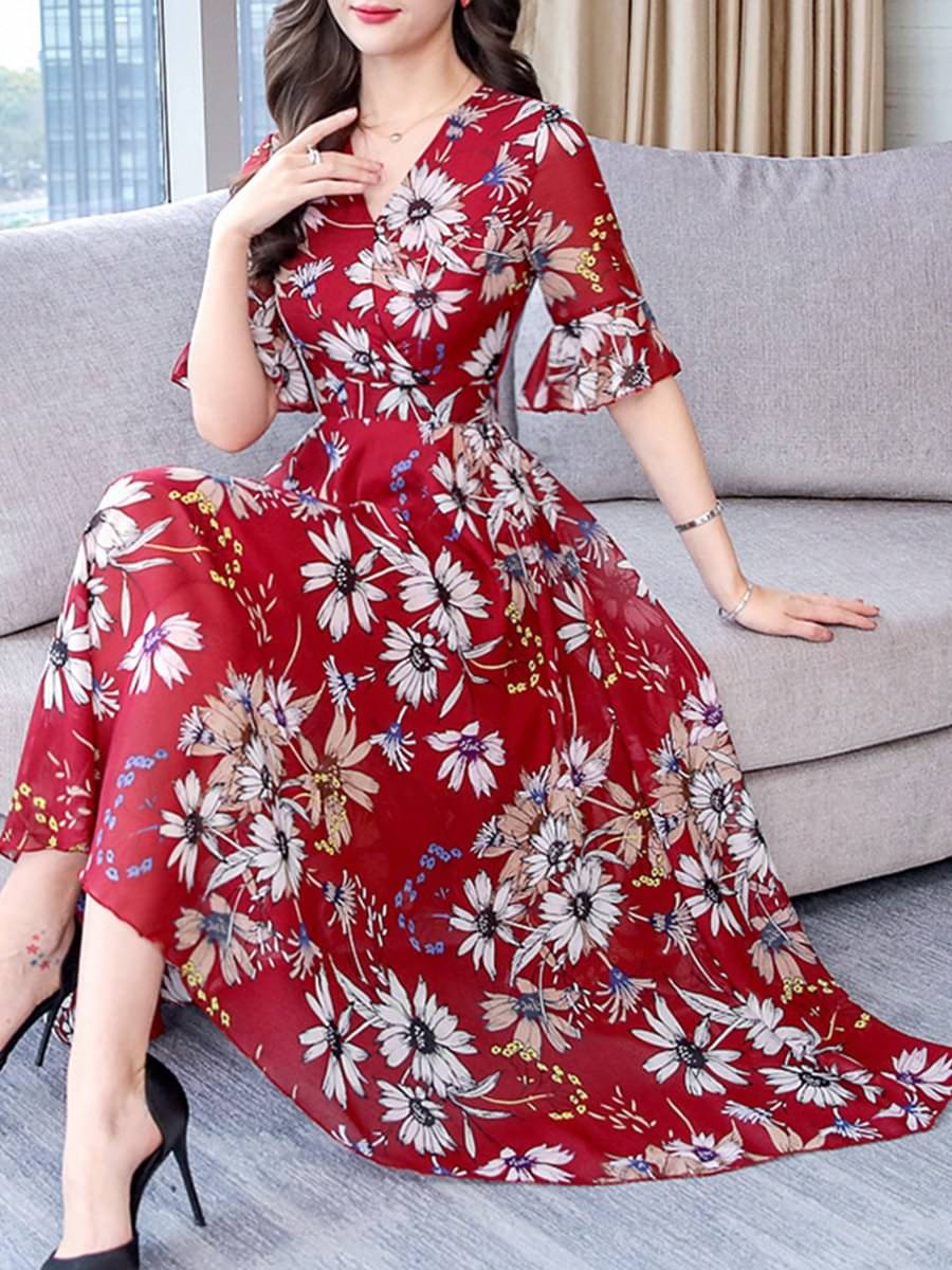 Raabta Fashion Women Georgette Printed Fit & Flare Dress ( Red )     			Raabta Fashion Women Georgette Printed Fit & Flare Dress ( Red )