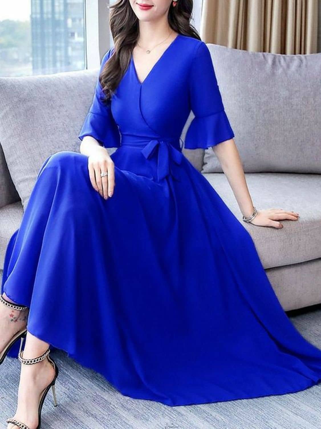 Raabta Fashion Women Georgette Solid Fit & Flare Dress ( Blue )