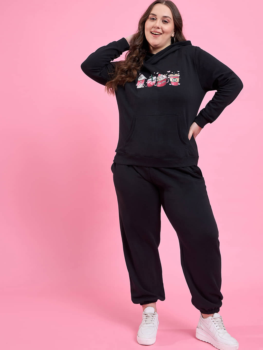 AUSTIVO Women Printed Sweatshirt With Joggers Co-Ord Set ( Black )