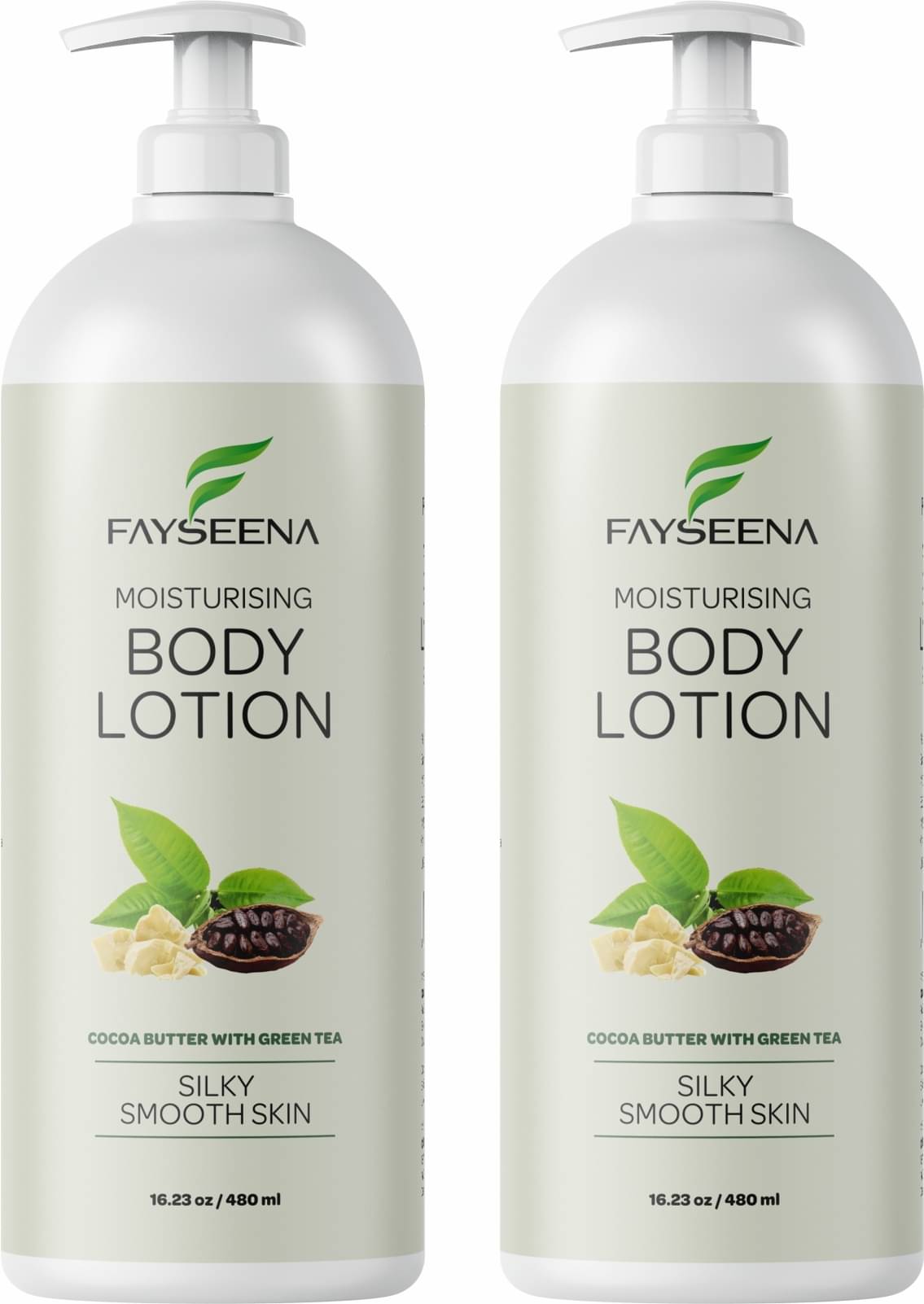 Fayseena Moisturising Body Lotion, Cocoa Butter & Green Tea For Silky Smooth Skin 480ml (Pack Of 2) Fayseena Moisturising Body Lotion, Cocoa Butter & Green Tea For Silky Smooth Skin 480ml (Pack Of 2)