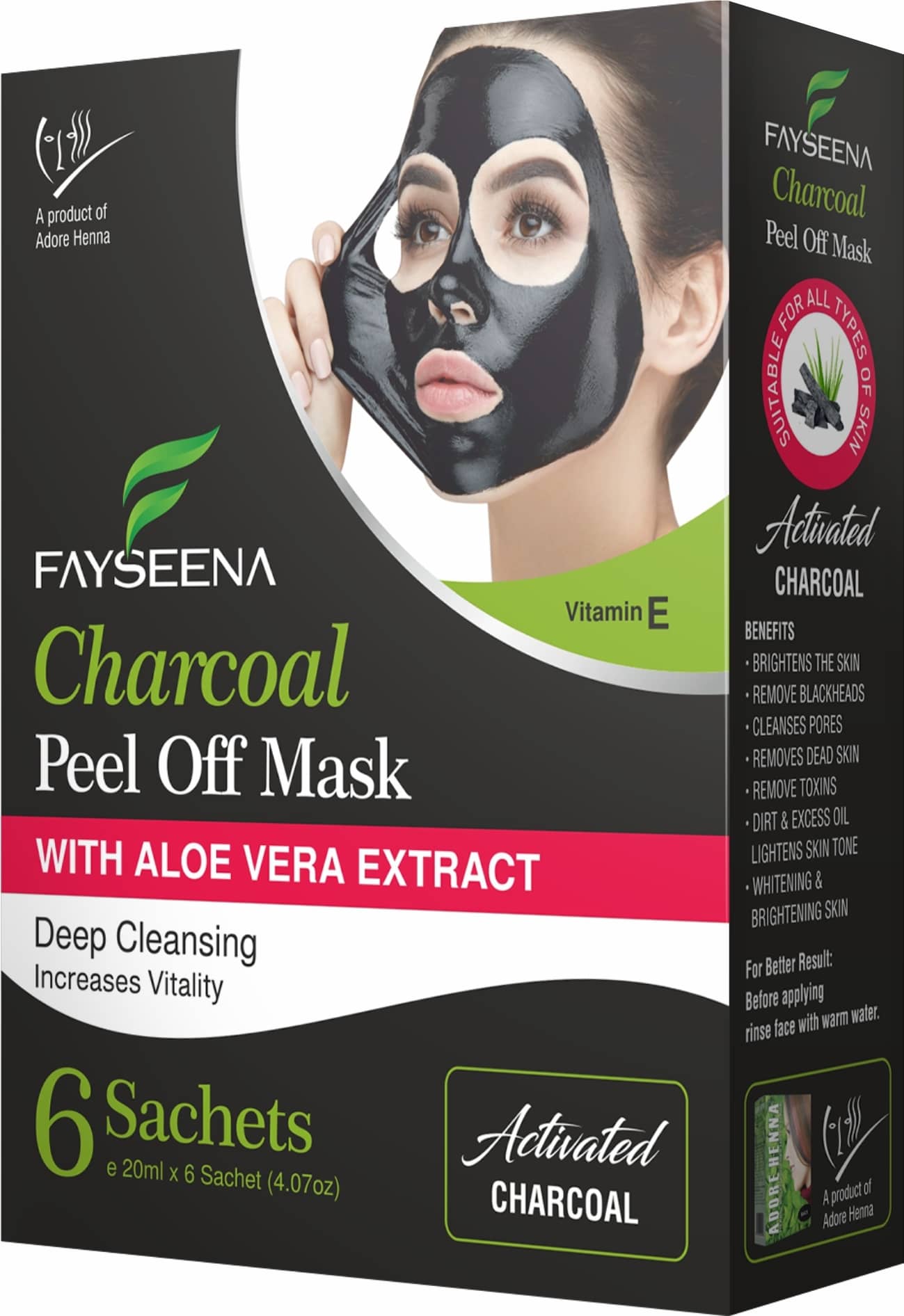 Fayseena Charcoal Peel Off Mask, Aloe Vera Extract, Deep Cleansing - 20ml (Pack of 6)