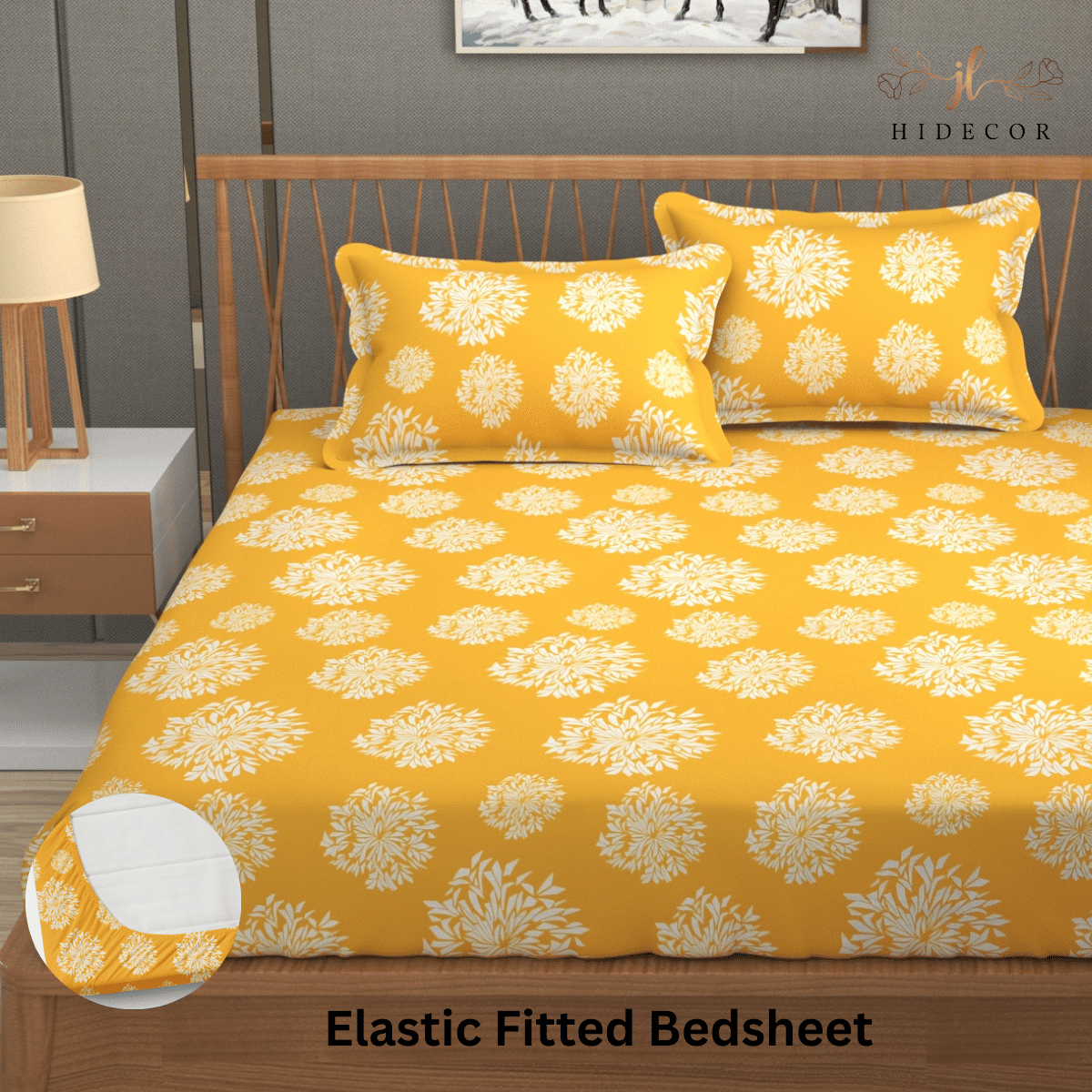     			HIDECOR Microfibre Abstract Fitted Fitted bedsheet with 2 Pillow Covers ( King Size ) - Yellow