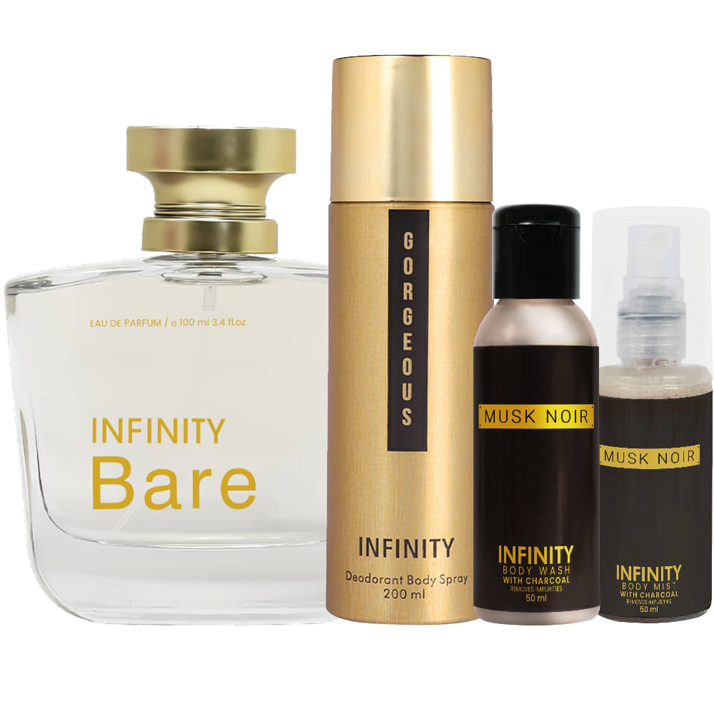     			Infinity Bare Perfume, Gorgeous Deodorant, Musk Noir Body Wash & Musk Noir Body Mist Long Lasting Pack of 4