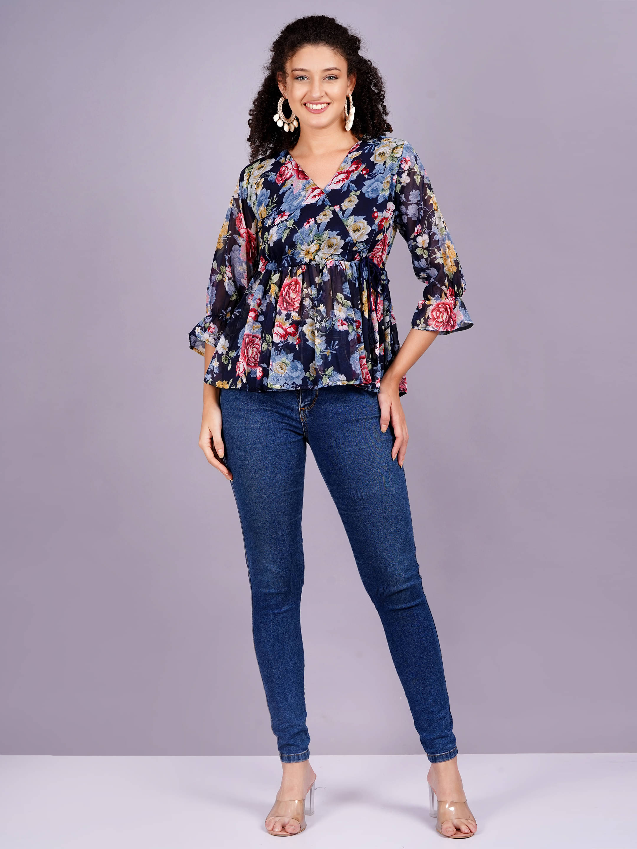    			JC4U Women's Georgette Peplum Top ( Navy Blue )