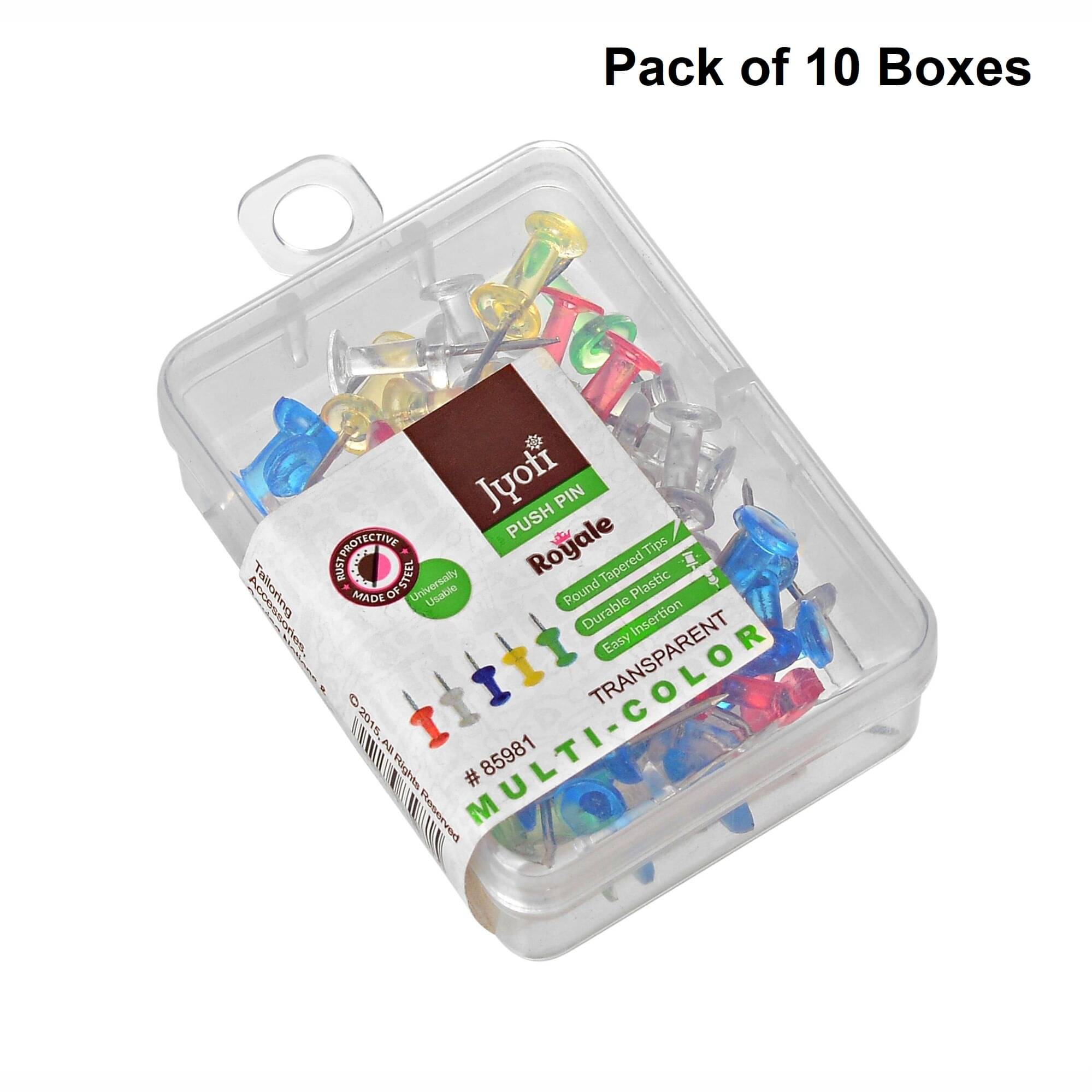     			Jyoti Push Pin (50 Pieces of Colored Head with Transparent Finish in a Plastic Box) Perfect for Pinning Up Documents, Notes, Photos, Posters, Bulletin Boards, Walls, Offices, Schools - Pack of 10 Boxes