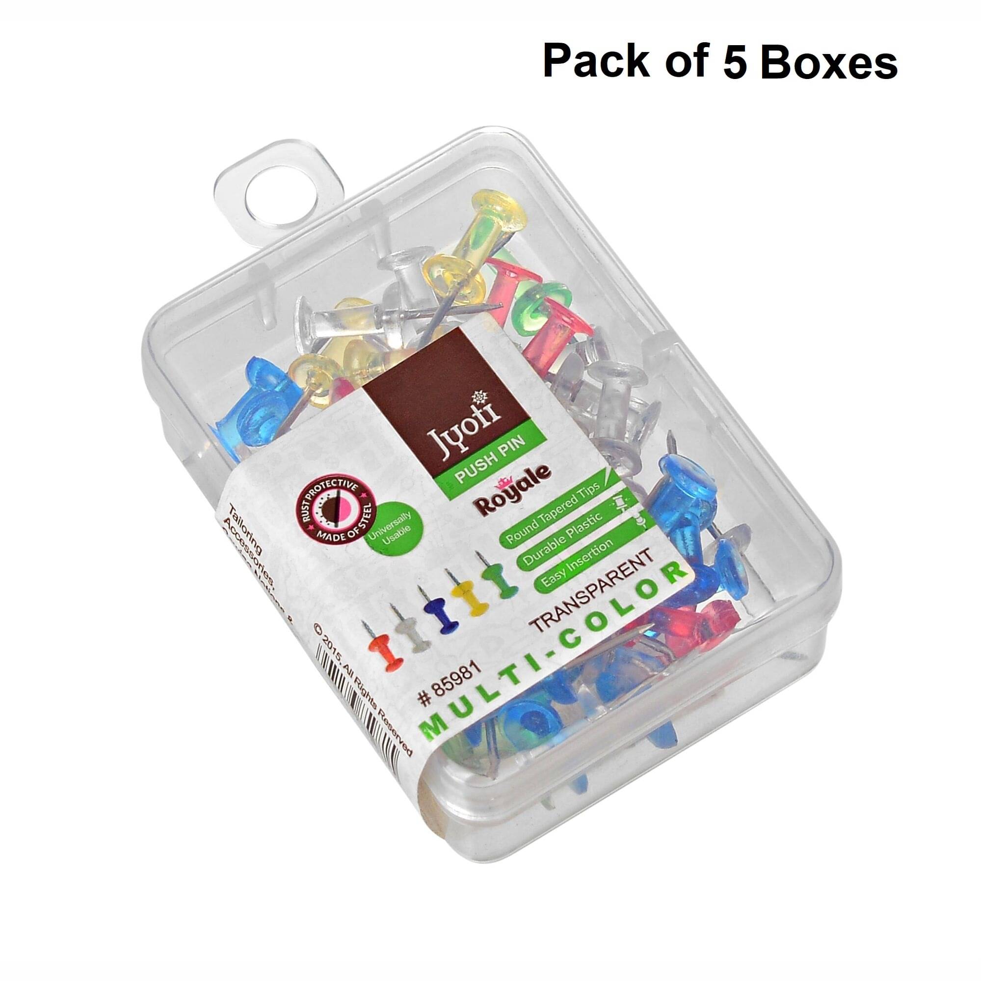     			Jyoti Push Pin (50 Pieces of Colored Head with Transparent Finish in a Plastic Box) Perfect for Pinning Up Documents, Notes, Photos, Posters, Bulletin Boards, Walls, Offices, Schools - Pack of 5 Boxes