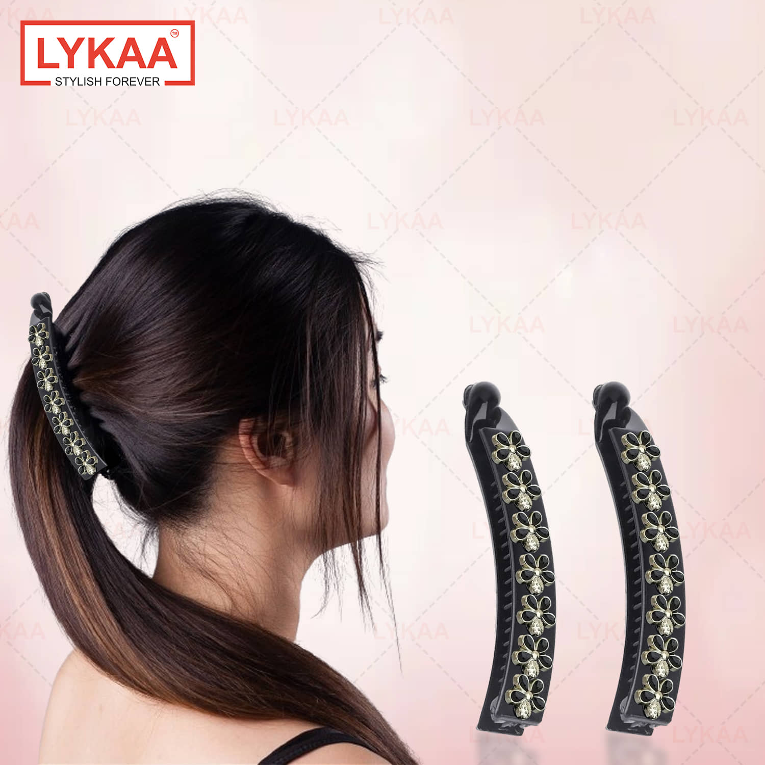 Lykaa Acrylic Plastic Banana Clip With Flowers, Korean Hair Claw For Women (Pack of 2) Black - Jewellery Sets | Buy online on ZillyBuy