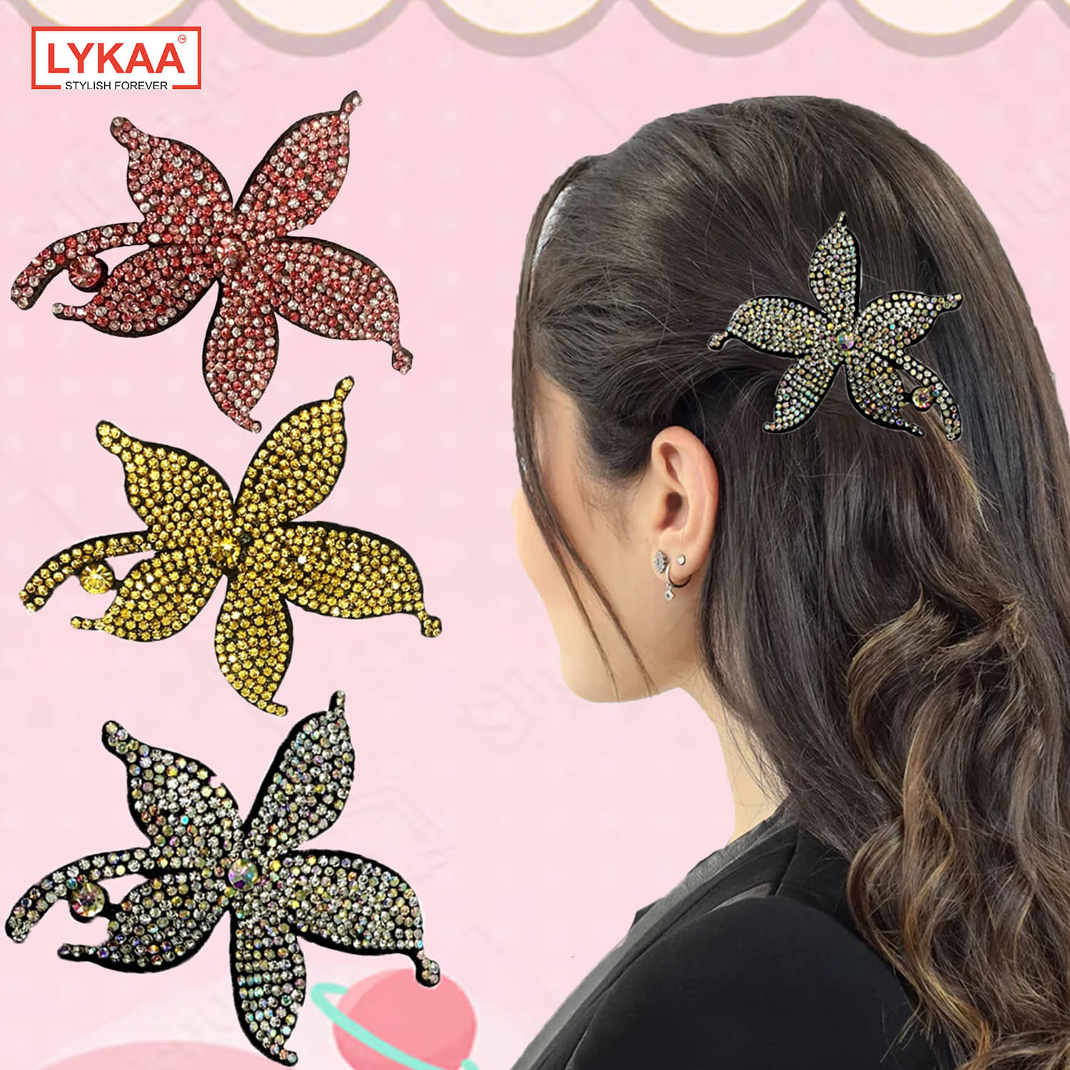     			Lykaa Flowers Rhinestones Juda Bun & Floral Bridal Brooch & HairPins -For Women & Girls -Pack of 3