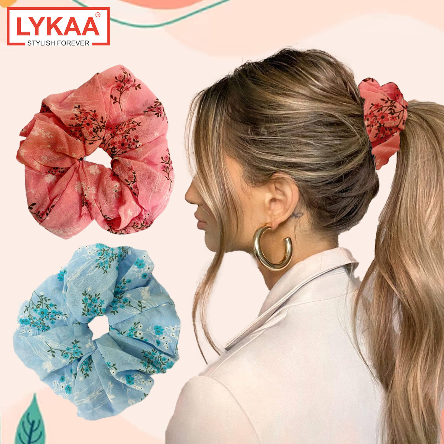 Lykaa Georgette Hair Scrunchies Elastics Ponytail Holders Leaf printed for Women & Girls - Pack of 2 - Jewellery Sets | Buy online on ZillyBuy