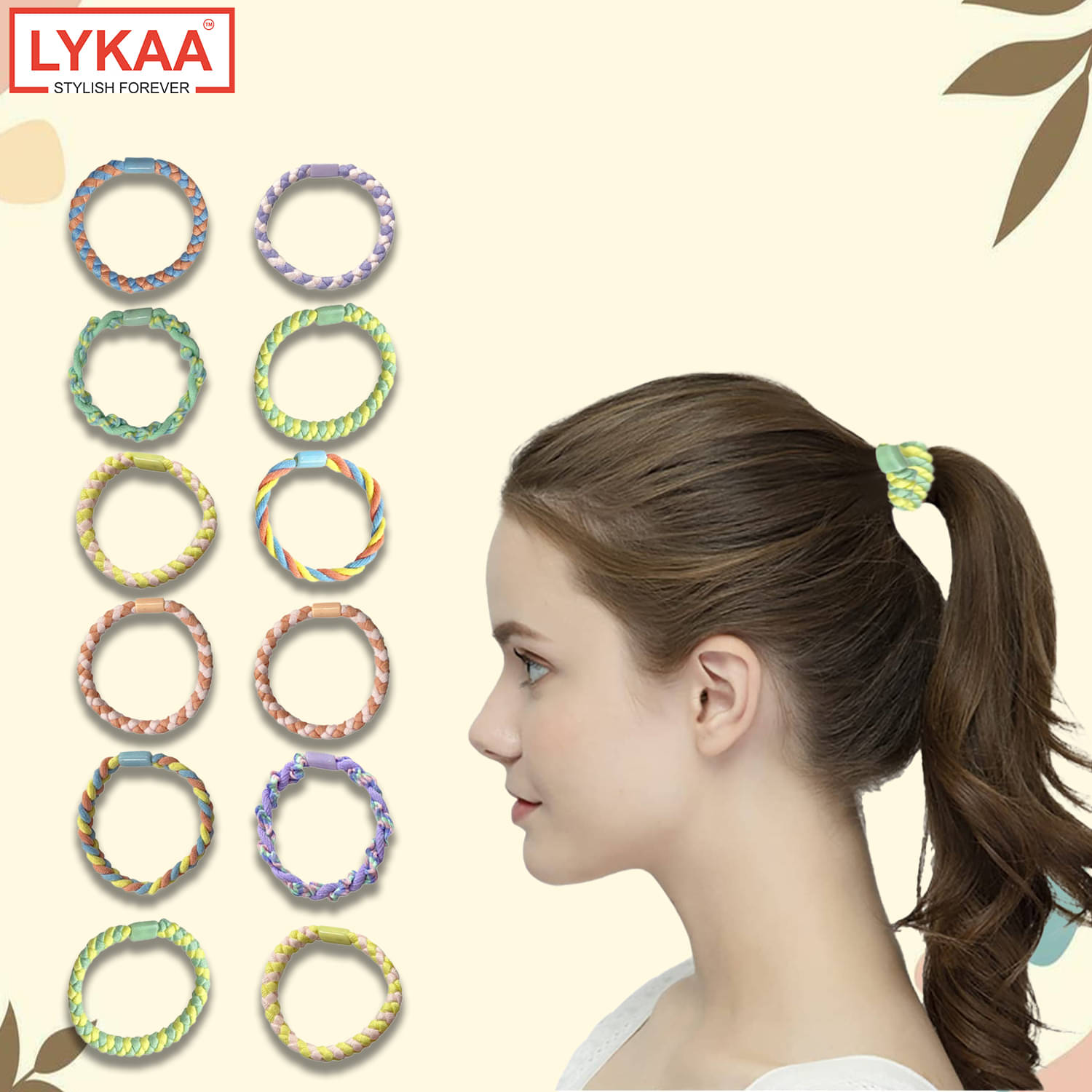     			Lykaa Printed Stretchable Braided Hair Tie Rubber Bands Style High Elastic Ponytail Holder - 12 Pcs