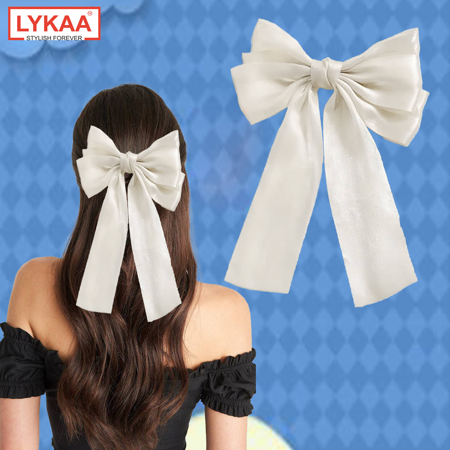 Lykaa Big Satin Layered Hair Bows Long Tail Ribbon Barrettes Clip for Women - Pack of 1 (White) - Jewellery Sets | Buy online on ZillyBuy