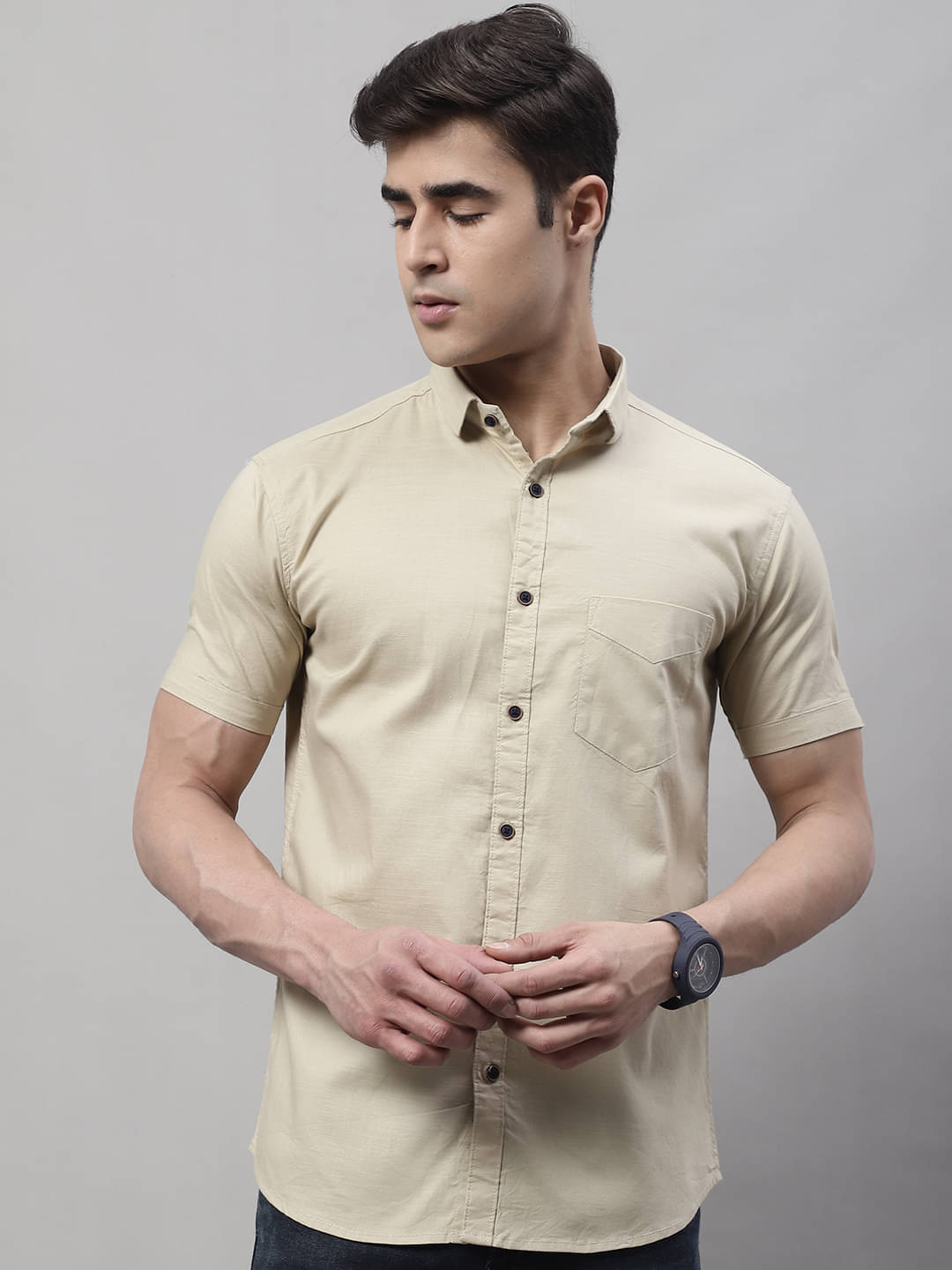 MAJESTIC MAN 100% Cotton Slim Fit Solids Half Sleeves Men's Casual Shirt - Beige ( Pack of 1 ) MAJESTIC MAN 100% Cotton Slim Fit Solids Half Sleeves Men's Casual Shirt - Beige ( Pack of 1 )