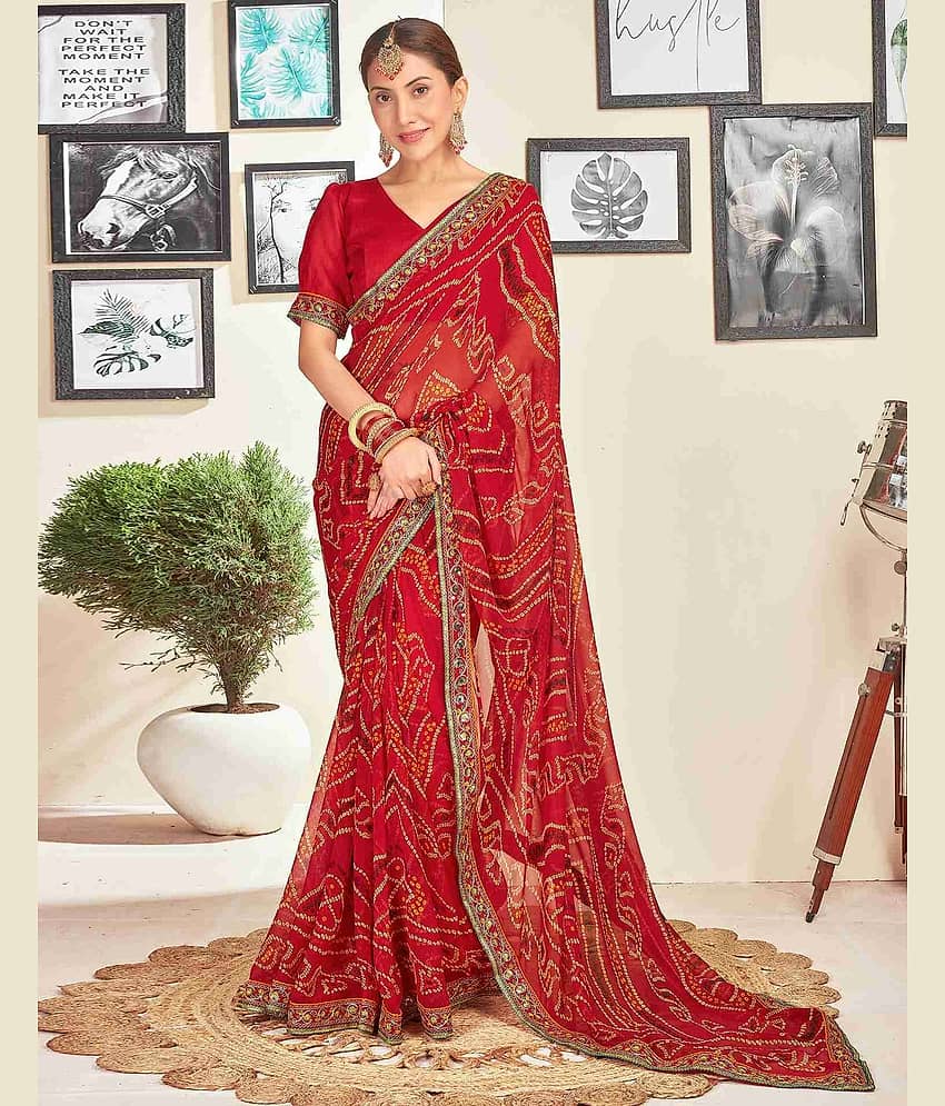 Nandini Creation Chiffon Printed Saree With Unstitched Blouse Piece ( Red ) - Sarees | Buy online on ZillyBuy