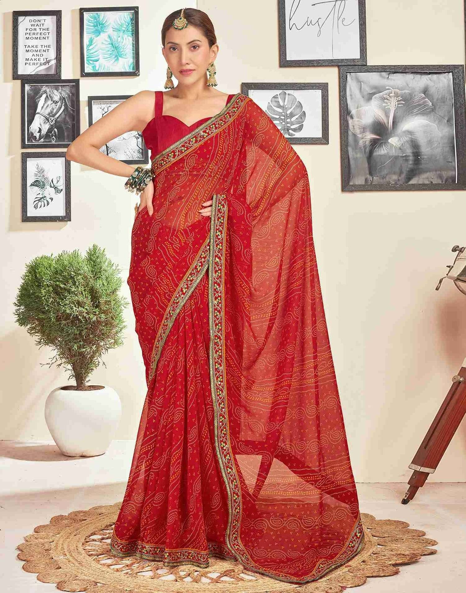     			Nandini Creation Chiffon Printed Saree With Unstitched Blouse Piece ( Red )
