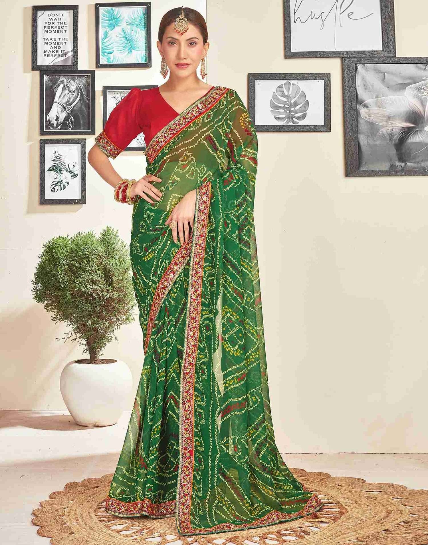     			Nandini Creation Chiffon Printed Saree With Unstitched Blouse Piece ( Green )